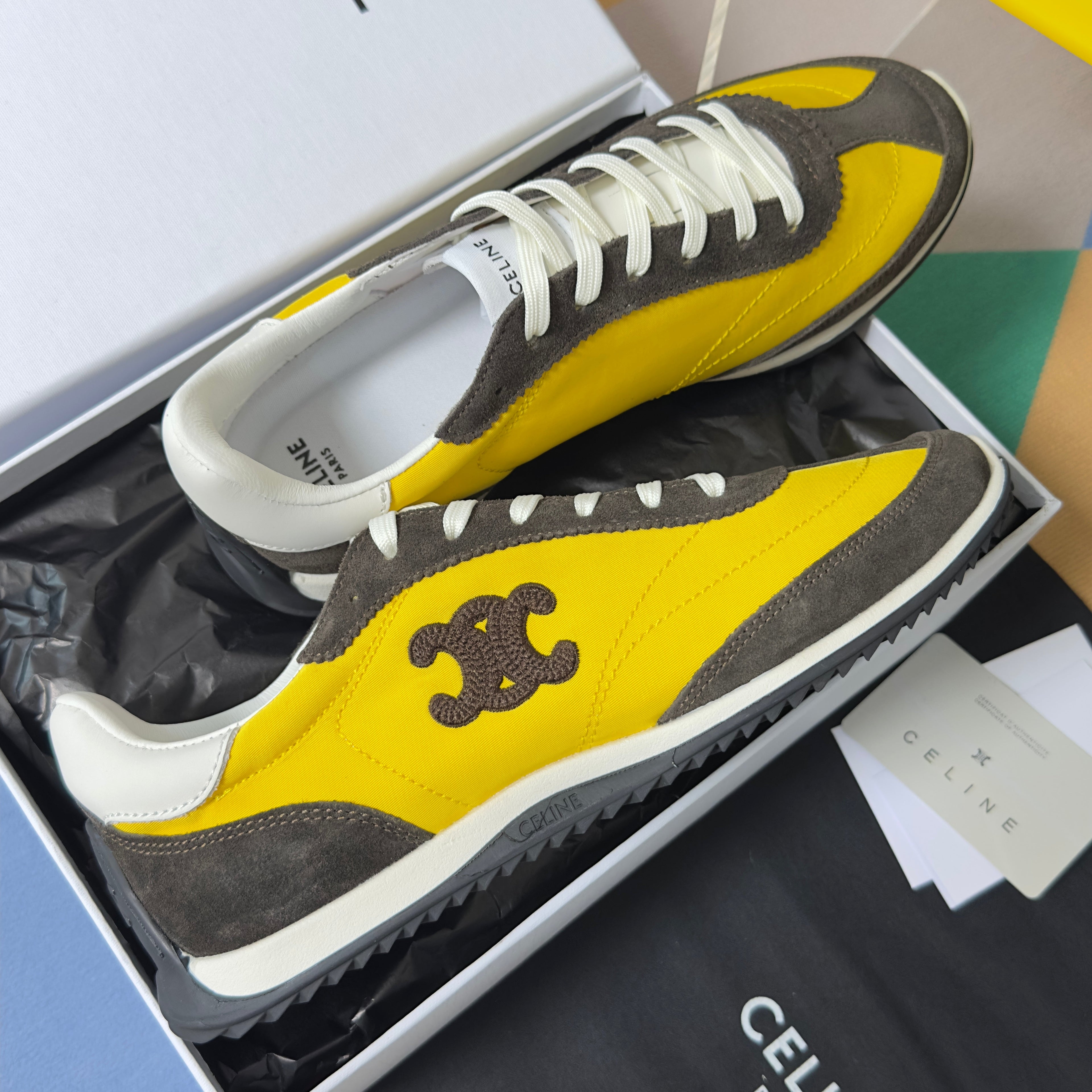 CELINE 26S RACER SNEAKERS IN YELLOW FABRIC AND DARK GREY SUEDE