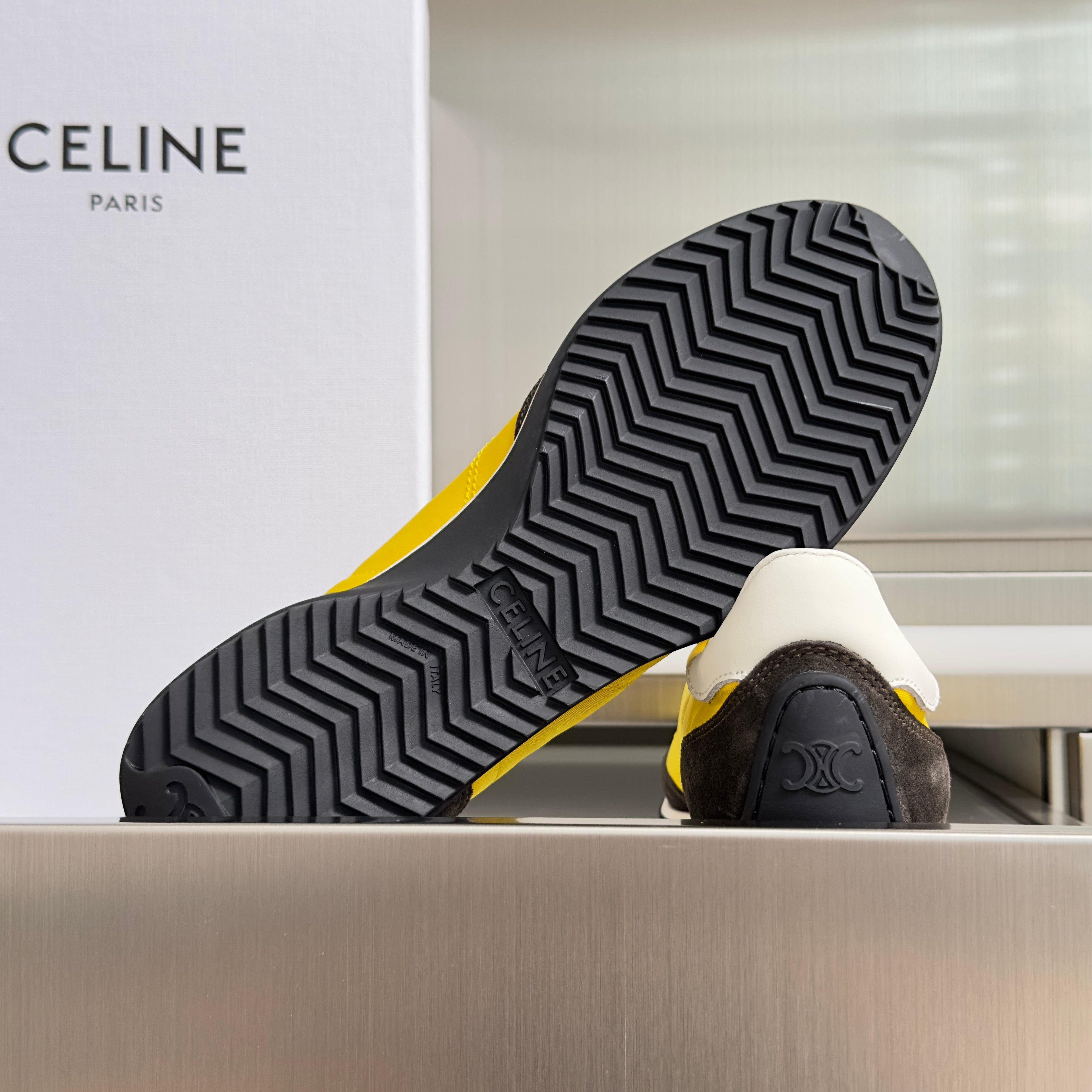 CELINE 26S RACER SNEAKERS IN YELLOW FABRIC AND DARK GREY SUEDE