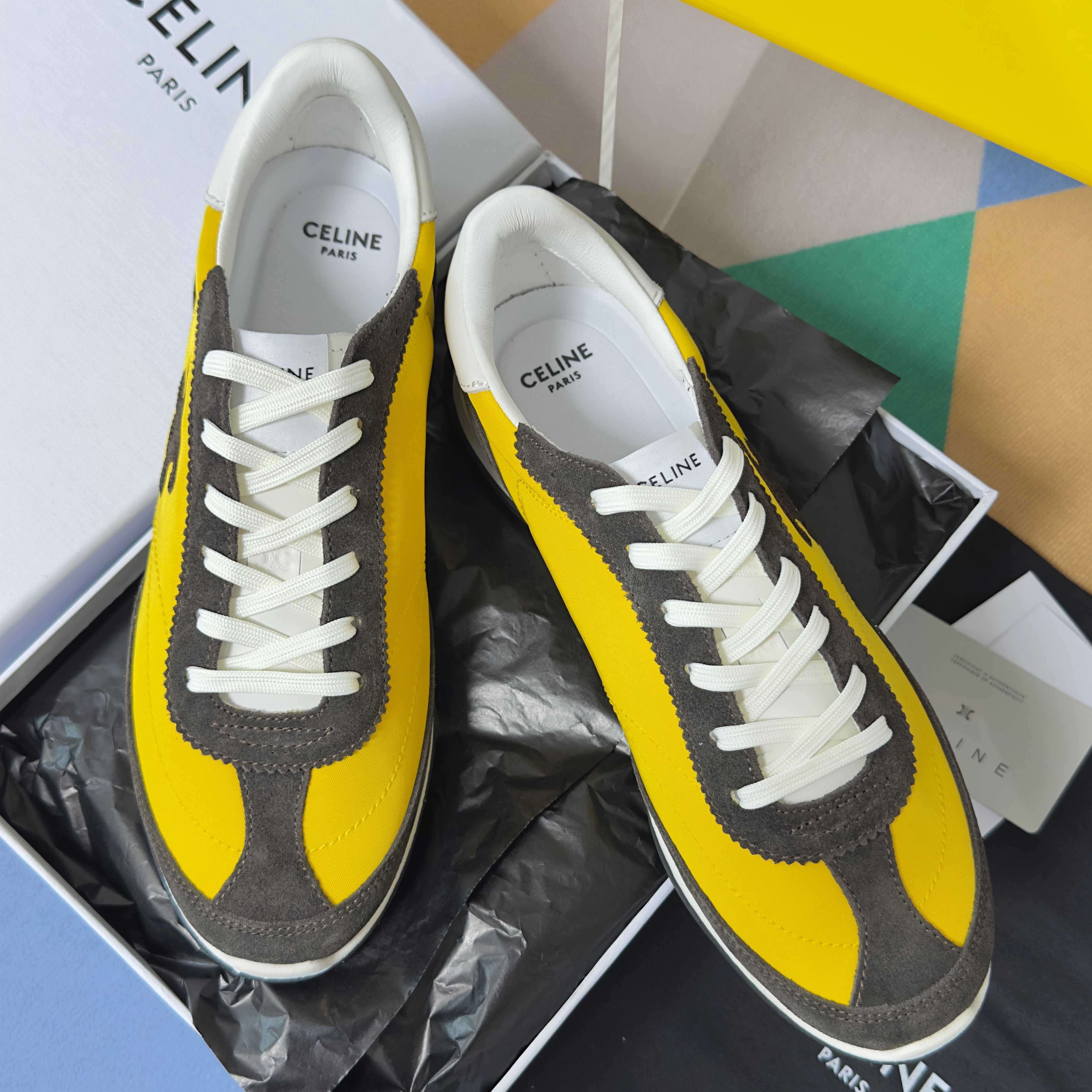 CELINE 26S RACER SNEAKERS IN YELLOW FABRIC AND DARK GREY SUEDE