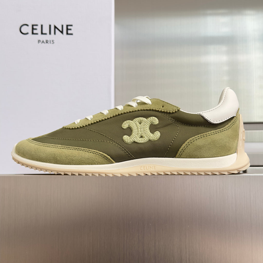 CELINE 26S RACER SNEAKERS IN MOSS GREEN FABRIC AND SUEDE