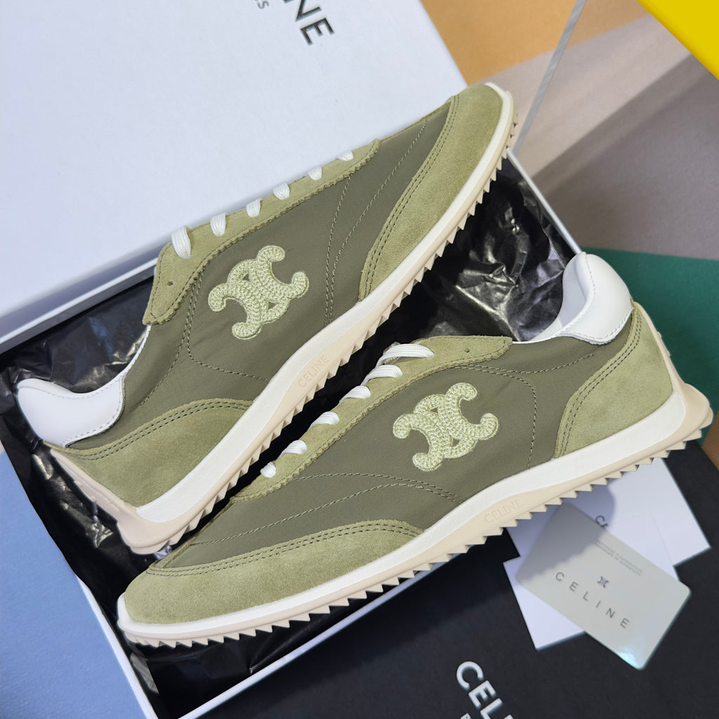 CELINE 26S RACER SNEAKERS IN MOSS GREEN FABRIC AND SUEDE