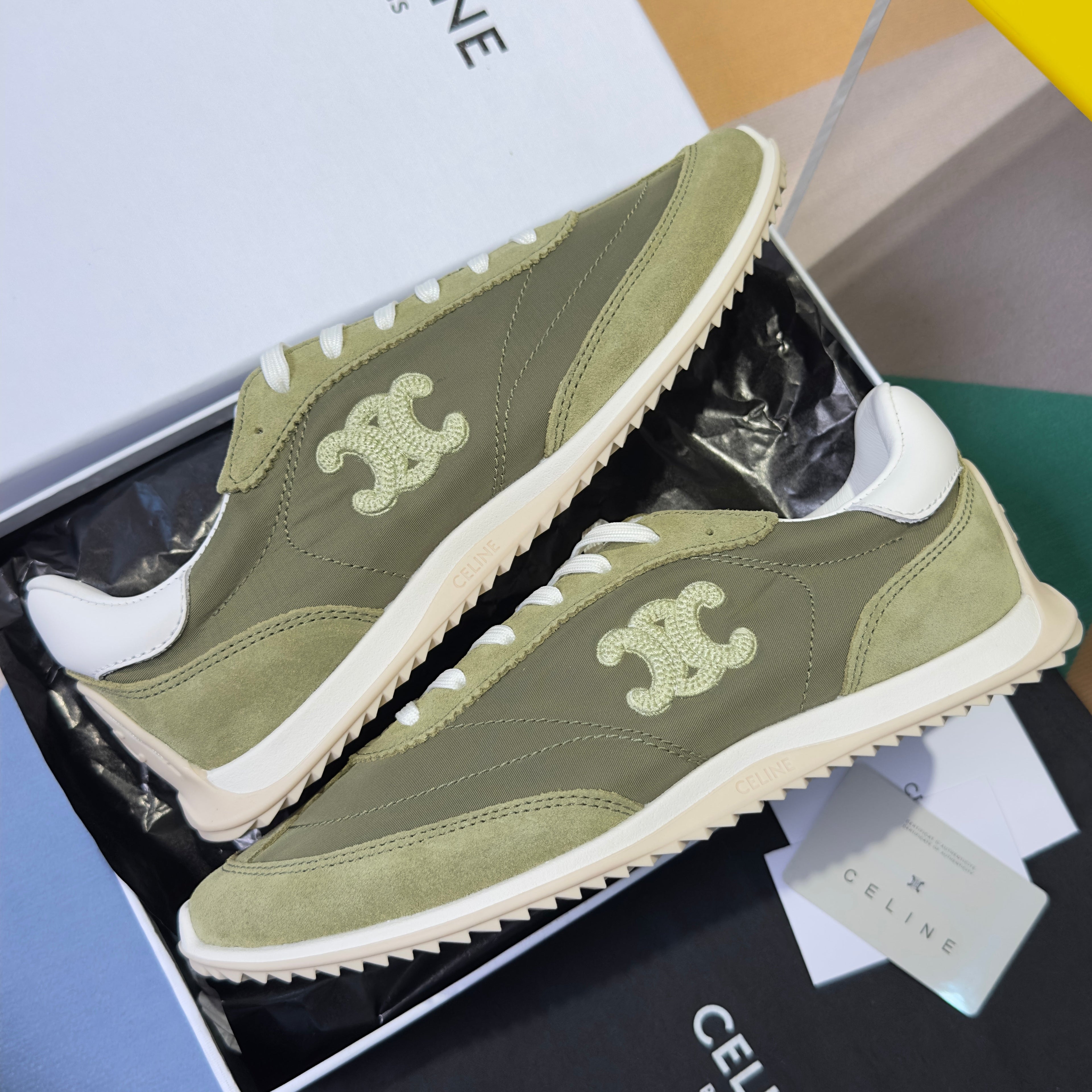 CELINE 26S RACER SNEAKERS IN MOSS GREEN FABRIC AND SUEDE