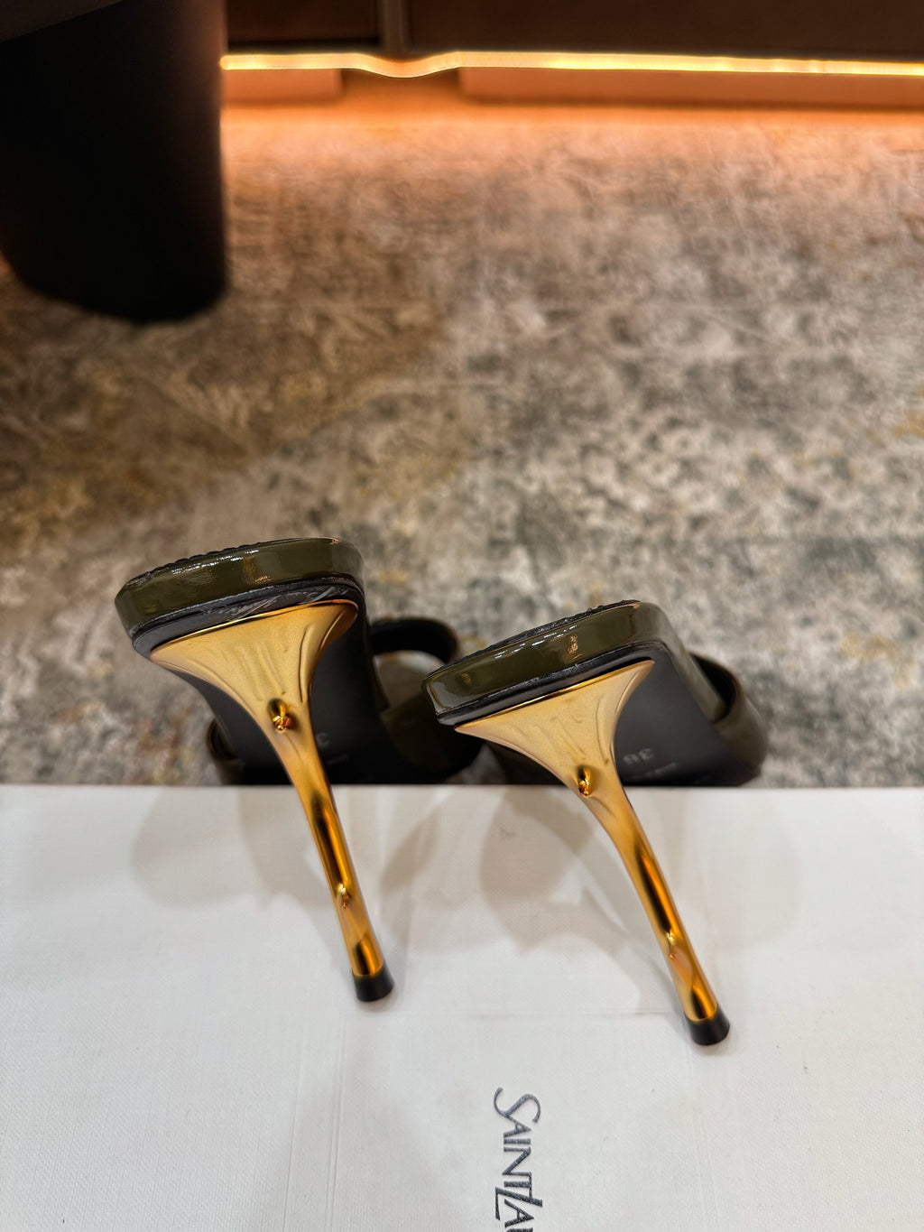 YSL 26S POINTED TOE HIGH HEEL SANDALS 100 MM IN DARK OLIVE GREEN GLOSSY CALFSKIN