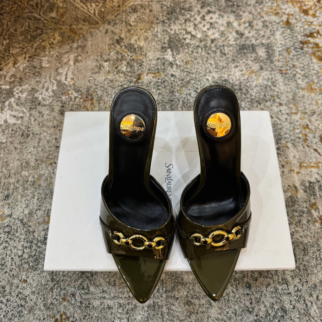 YSL 26S POINTED TOE HIGH HEEL SANDALS 100 MM IN DARK OLIVE GREEN GLOSSY CALFSKIN