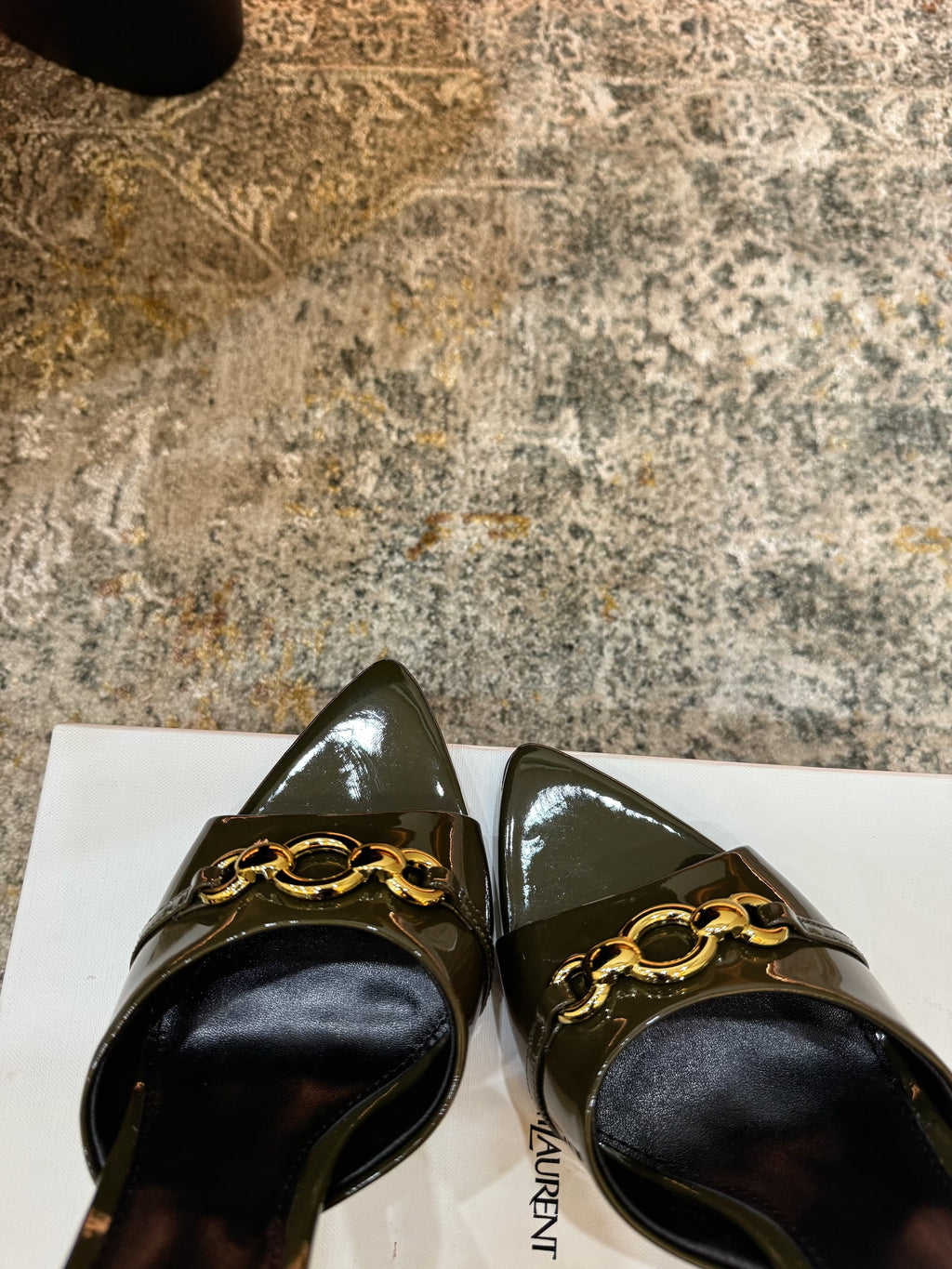 YSL 26S POINTED TOE HIGH HEEL SANDALS 100 MM IN DARK OLIVE GREEN GLOSSY CALFSKIN