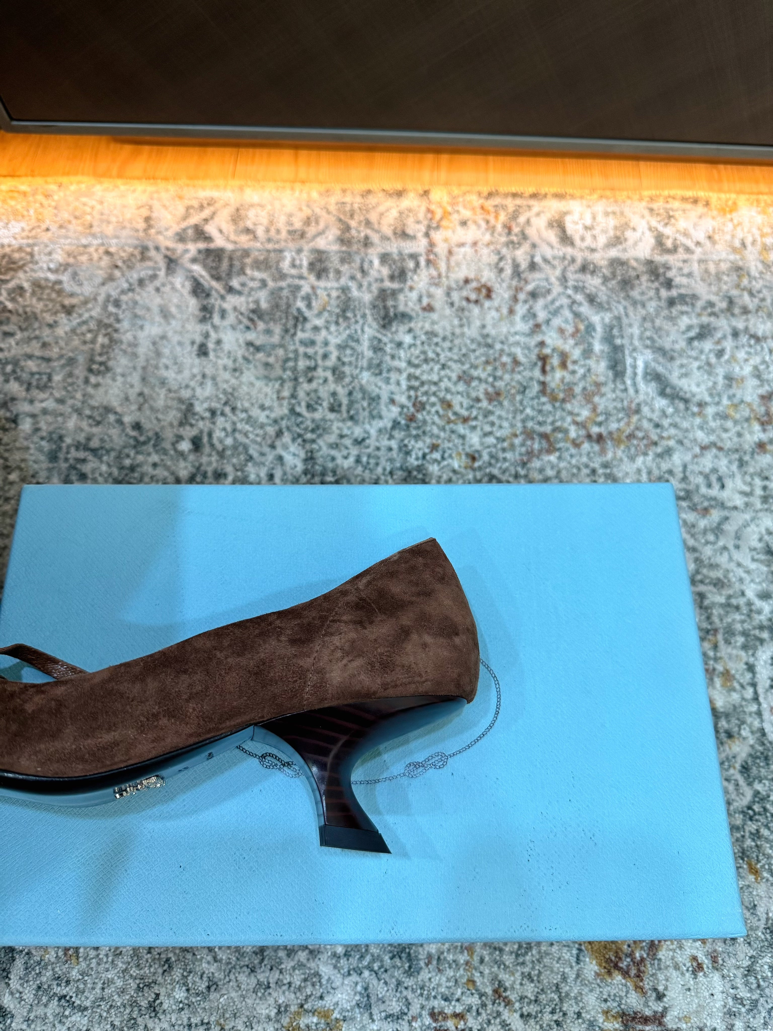 PRADA 26S POINTED TOE LACE UP STUDDED PUMPS 55MM IN DARK BROWN SUEDE