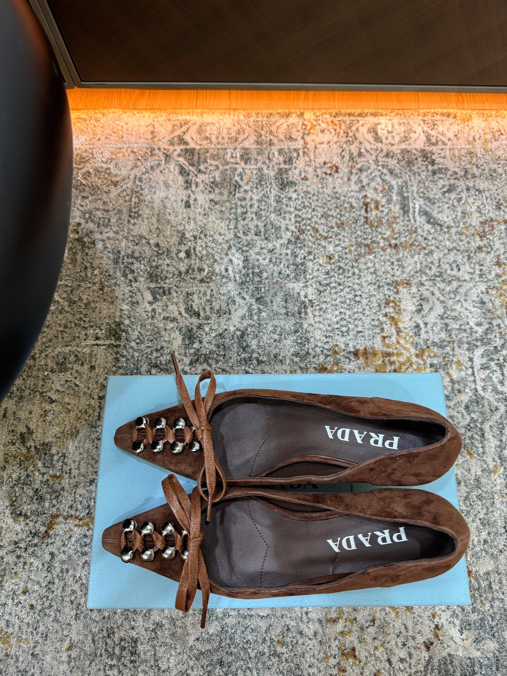 PRADA 26S POINTED TOE LACE UP STUDDED PUMPS 55MM IN DARK BROWN SUEDE