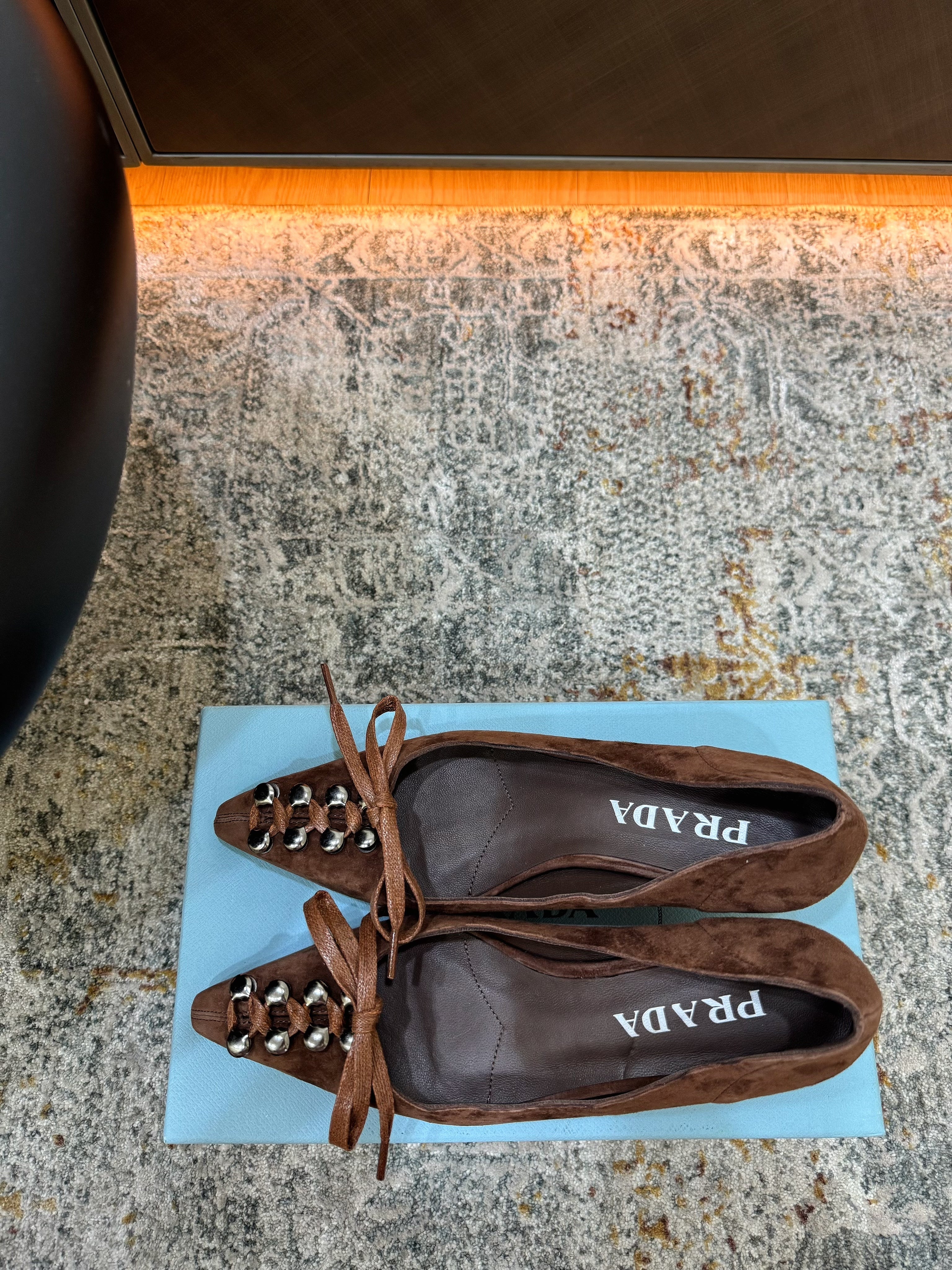 PRADA 26S POINTED TOE LACE UP STUDDED PUMPS 55MM IN DARK BROWN SUEDE