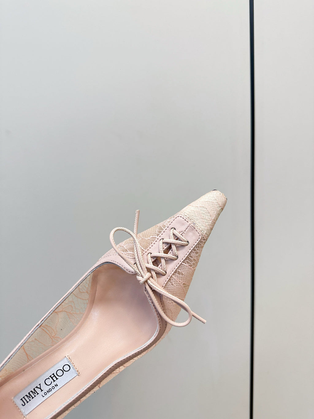 JIMMY CHOO 26S LACE-UP HEELS IN LIGHT NUDE PINK LACE AND LAMBSKIN