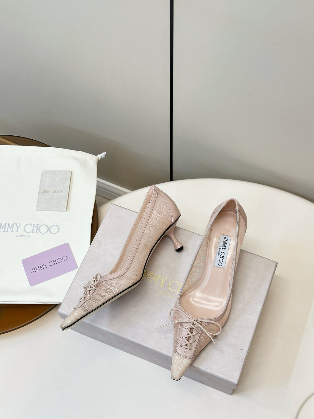JIMMY CHOO 26S LACE-UP HEELS IN LIGHT NUDE PINK LACE AND LAMBSKIN