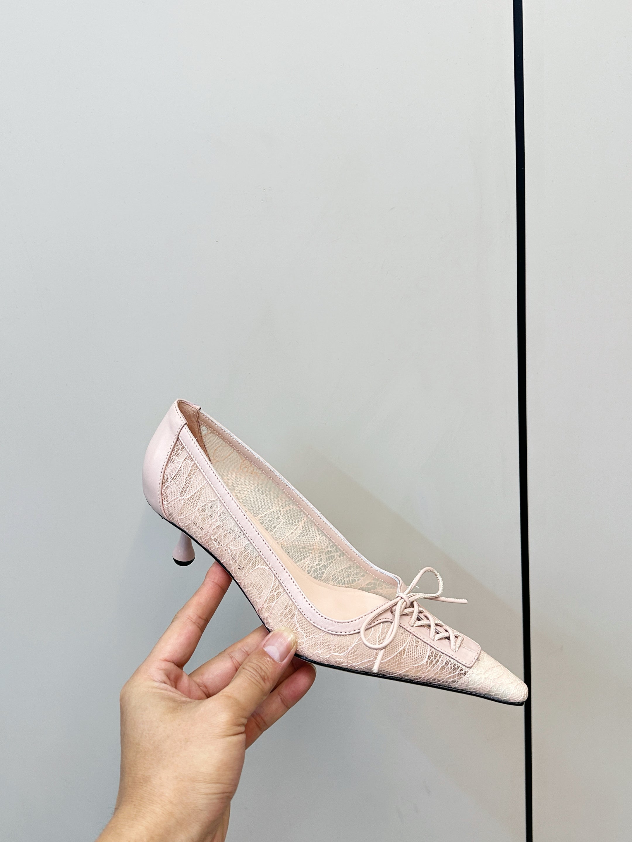 JIMMY CHOO 26S LACE-UP HEELS IN LIGHT NUDE PINK LACE AND LAMBSKIN