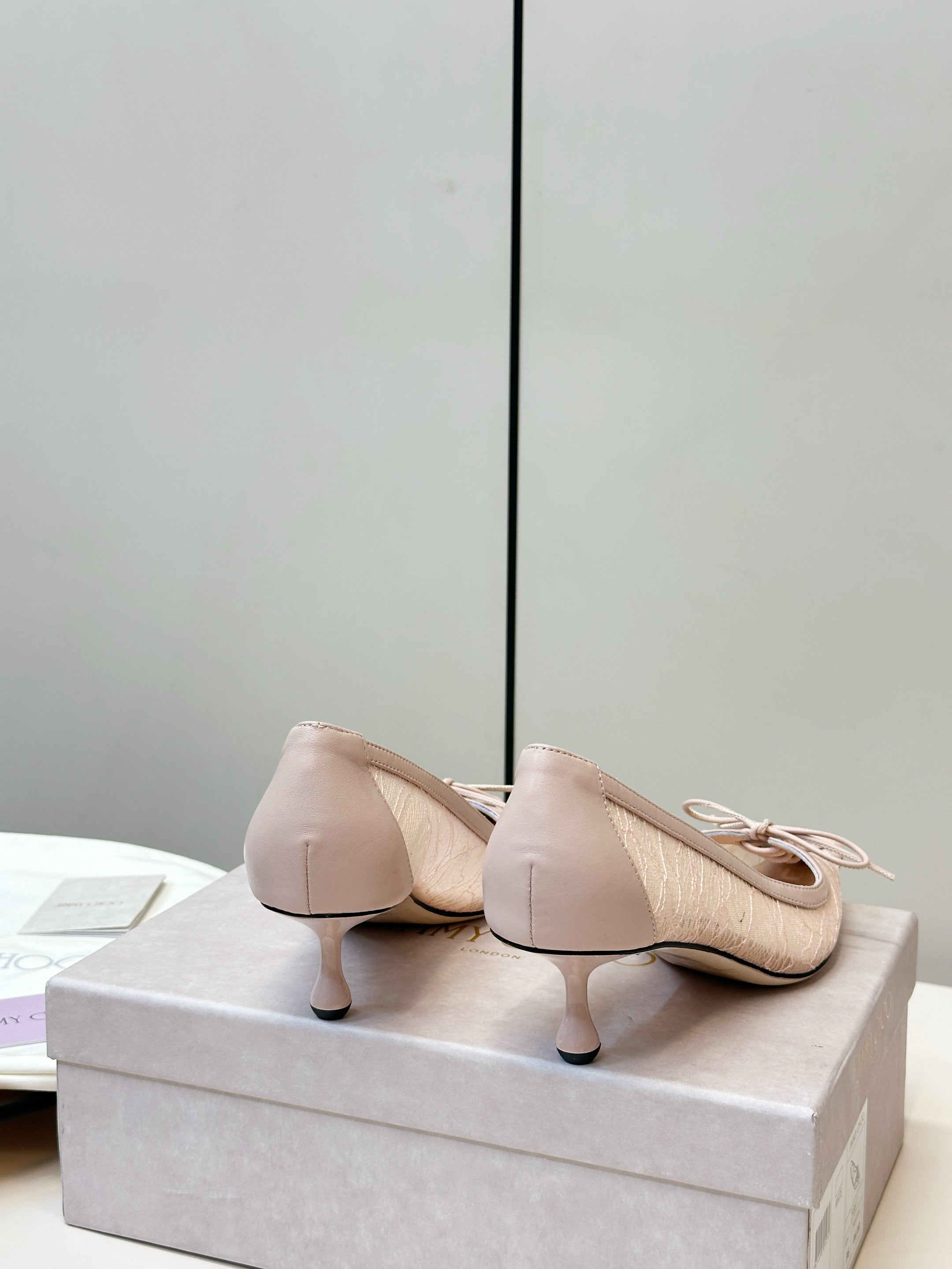 JIMMY CHOO 26S LACE-UP HEELS IN LIGHT NUDE PINK LACE AND LAMBSKIN