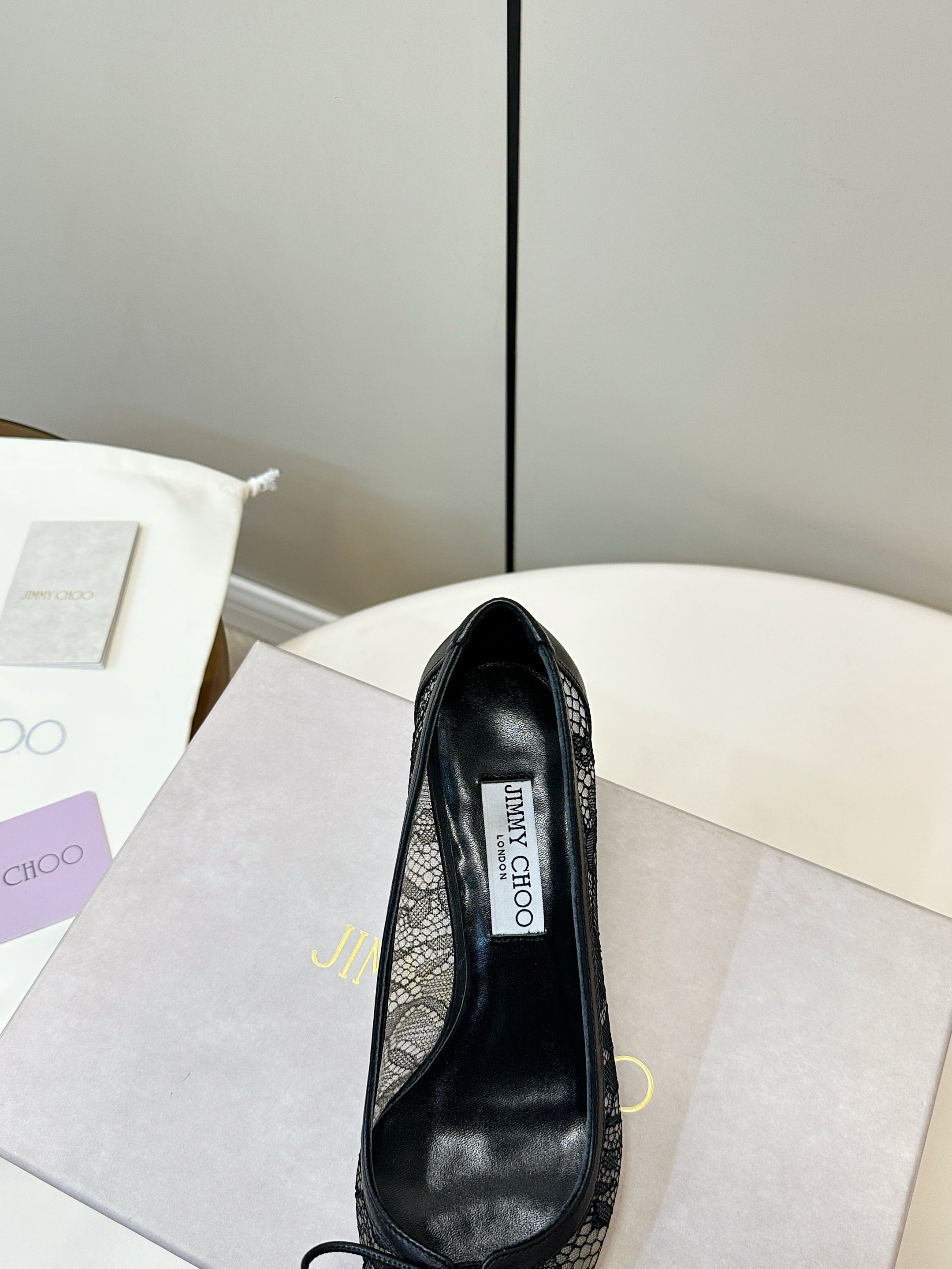 JIMMY CHOO 26S LACE-UP HEELS IN BLACK LACE AND LAMBSKIN