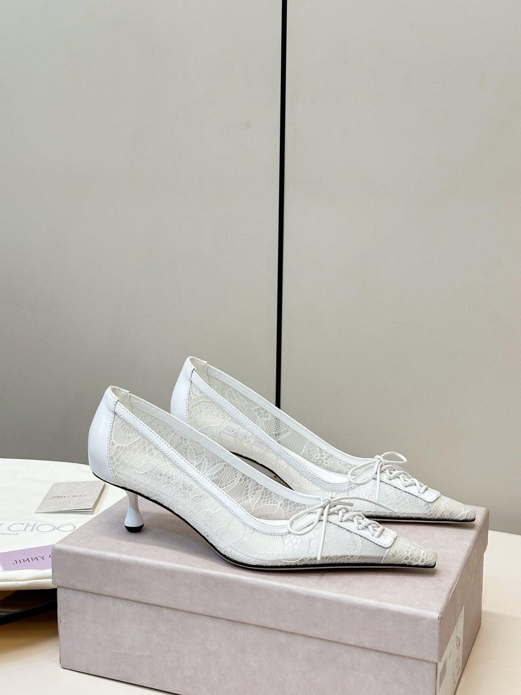 JIMMY CHOO 26S LACE-UP HEELS IN WHITE LACE AND LAMBSKIN