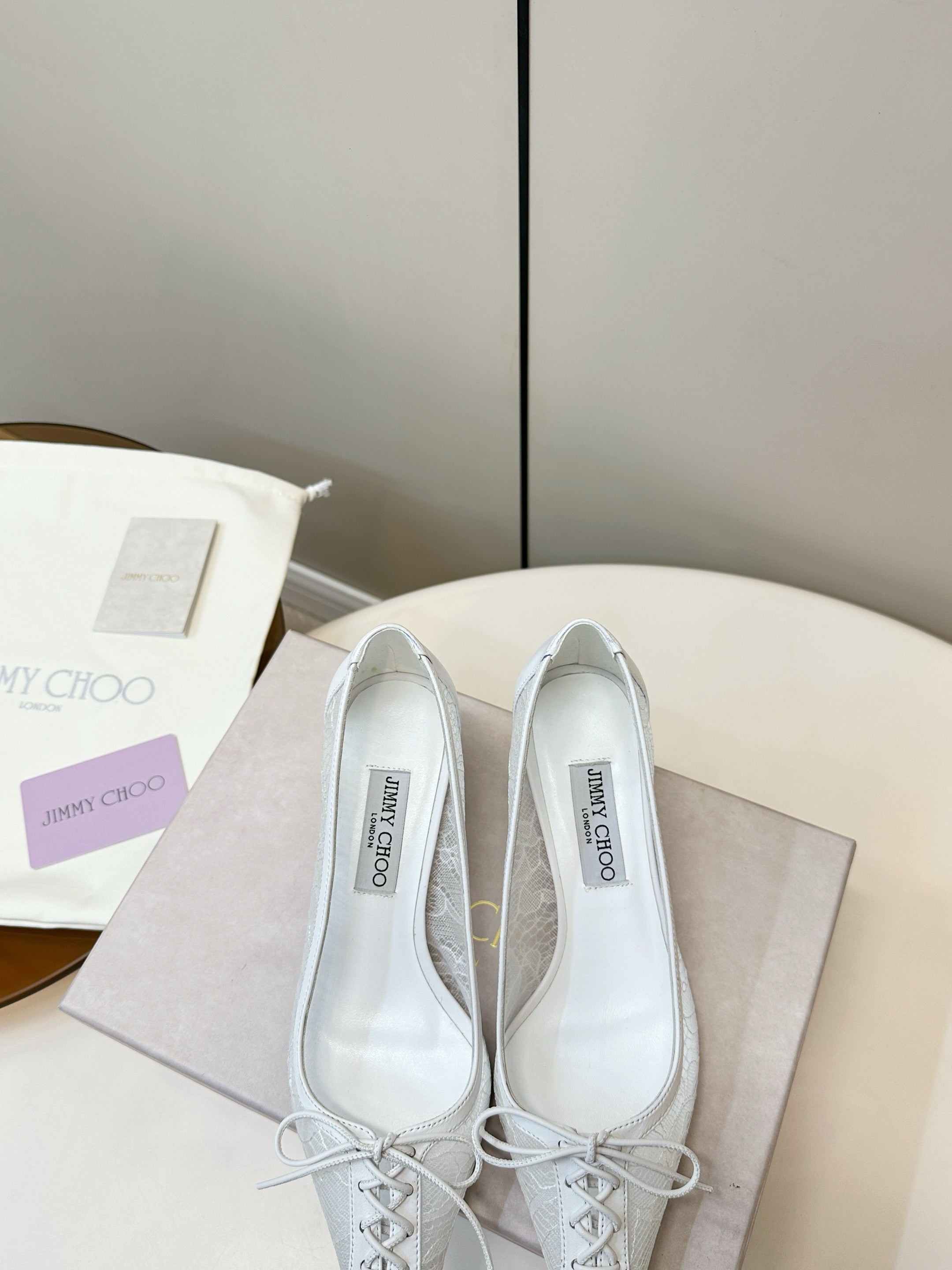 JIMMY CHOO 26S LACE-UP HEELS IN WHITE LACE AND LAMBSKIN