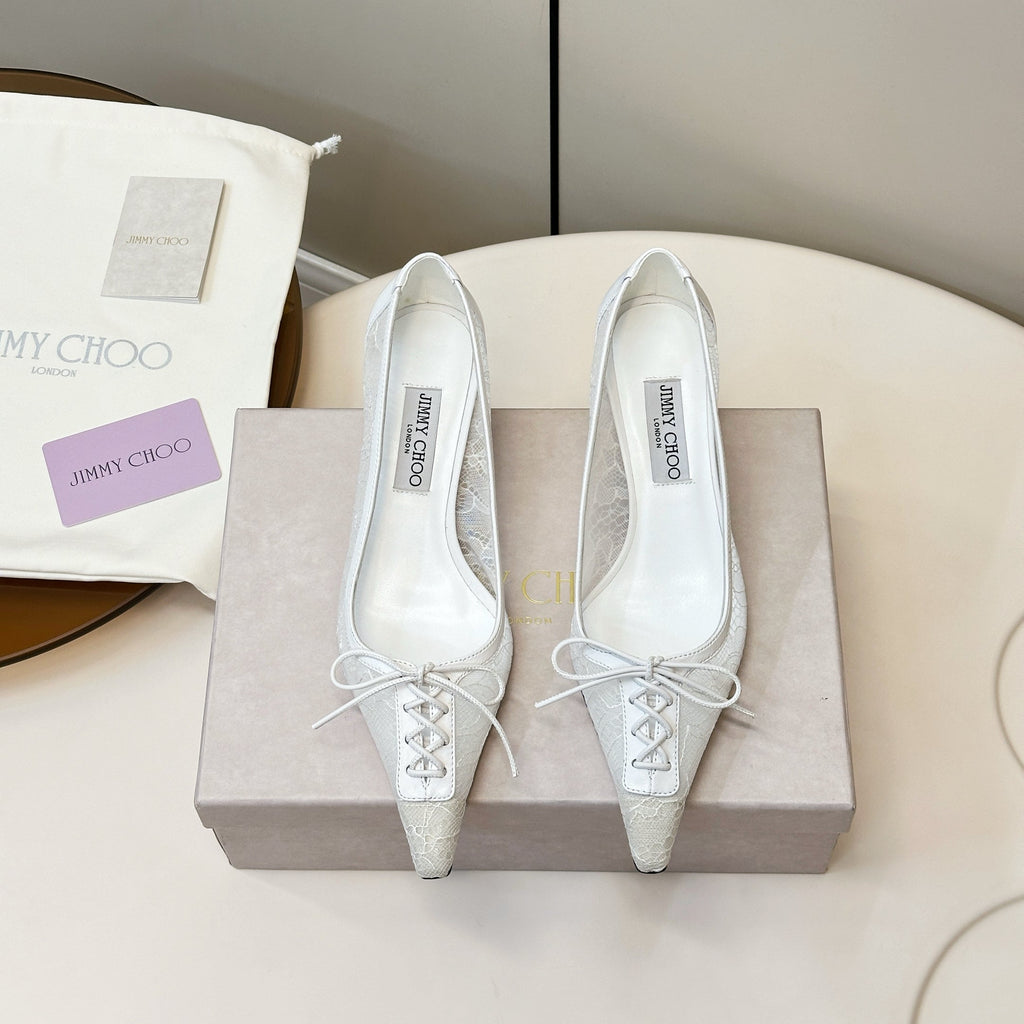 JIMMY CHOO 26S LACE-UP HEELS IN WHITE LACE AND LAMBSKIN