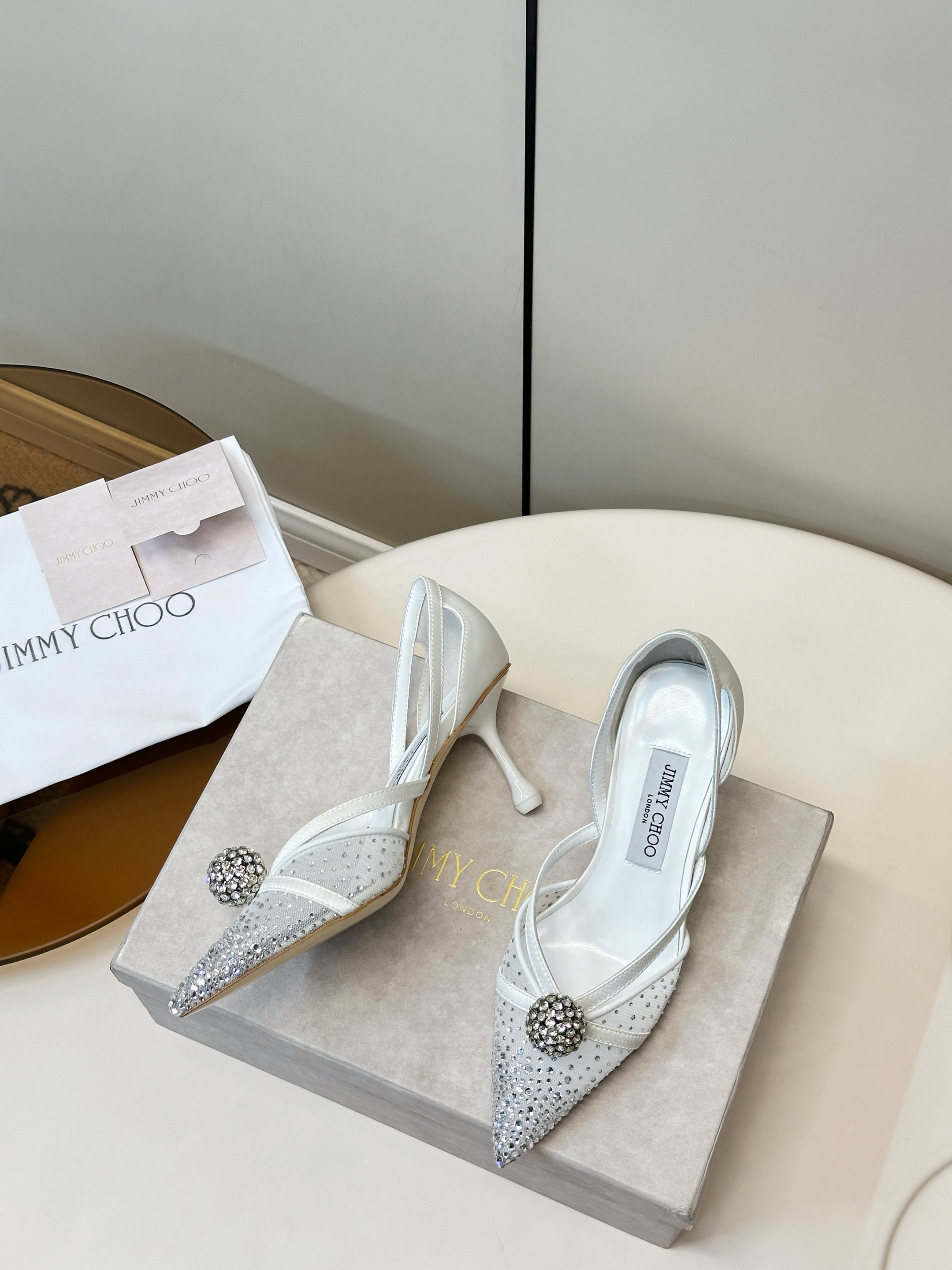 JIMMY CHOO 26S POINTED-TOE HIGH HEELS IN WHITE CRYSTAL EMBELLISHMENT