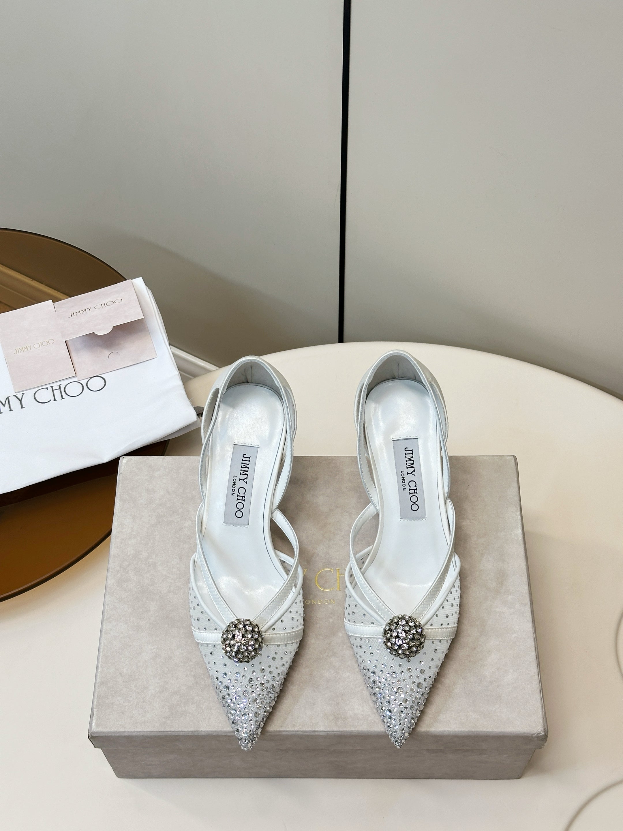 JIMMY CHOO 26S POINTED-TOE HIGH HEELS IN WHITE CRYSTAL EMBELLISHMENT