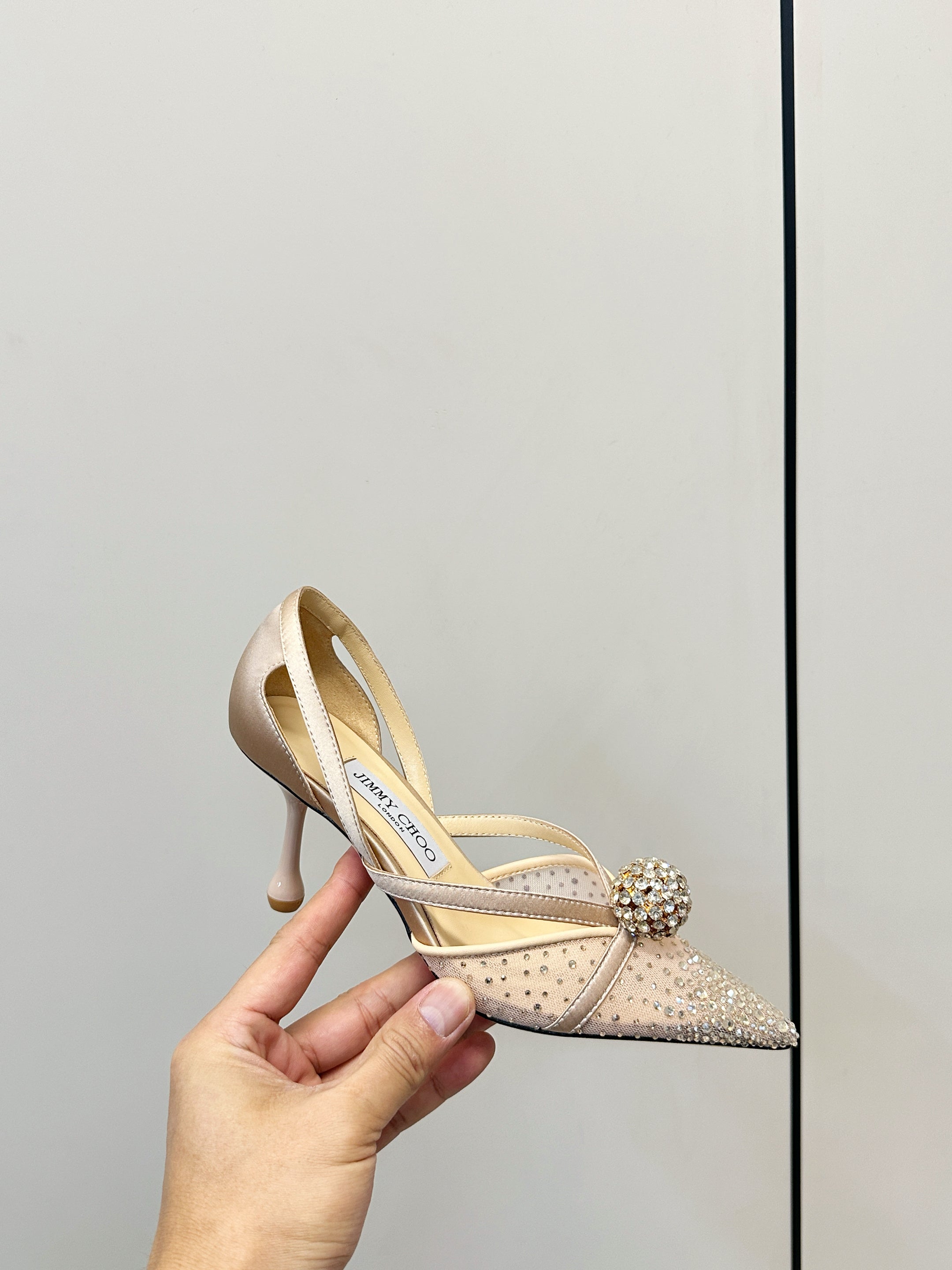 JIMMY CHOO 26S POINTED-TOE HIGH HEELS IN BEIGE CRYSTAL EMBELLISHMENT