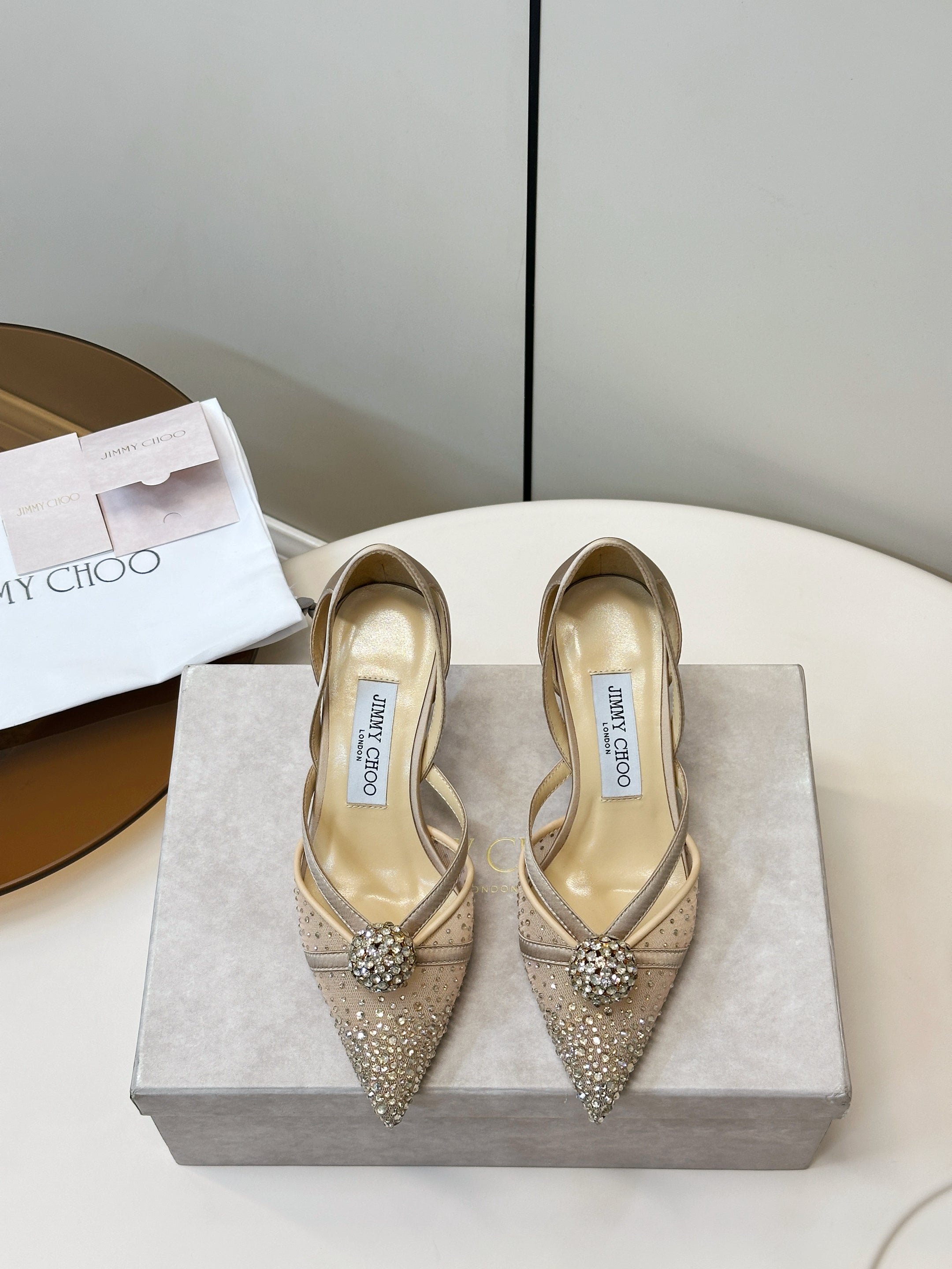 JIMMY CHOO 26S POINTED-TOE HIGH HEELS IN BEIGE CRYSTAL EMBELLISHMENT