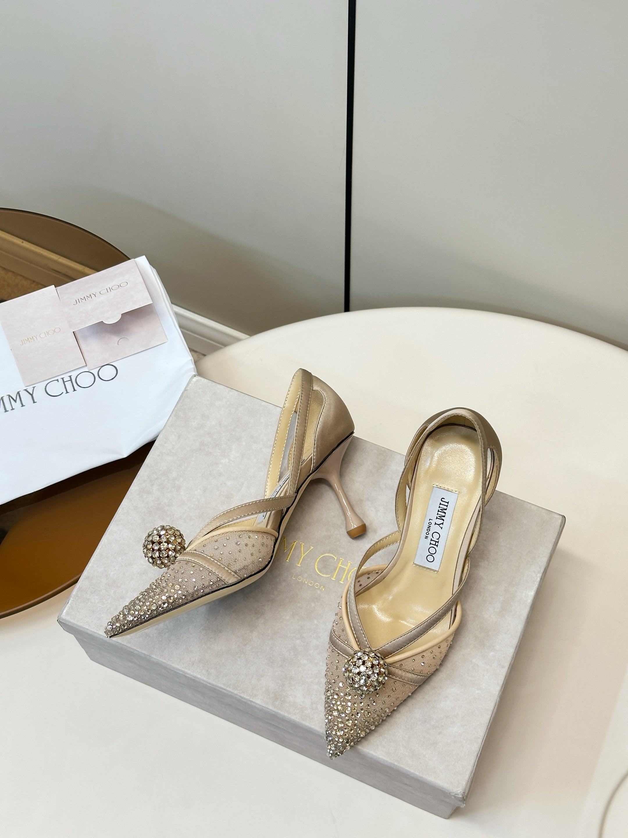 JIMMY CHOO 26S POINTED-TOE HIGH HEELS IN BEIGE CRYSTAL EMBELLISHMENT