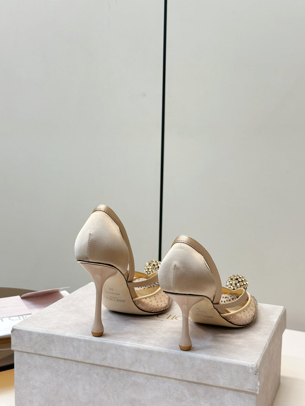 JIMMY CHOO 26S POINTED-TOE HIGH HEELS IN BEIGE CRYSTAL EMBELLISHMENT
