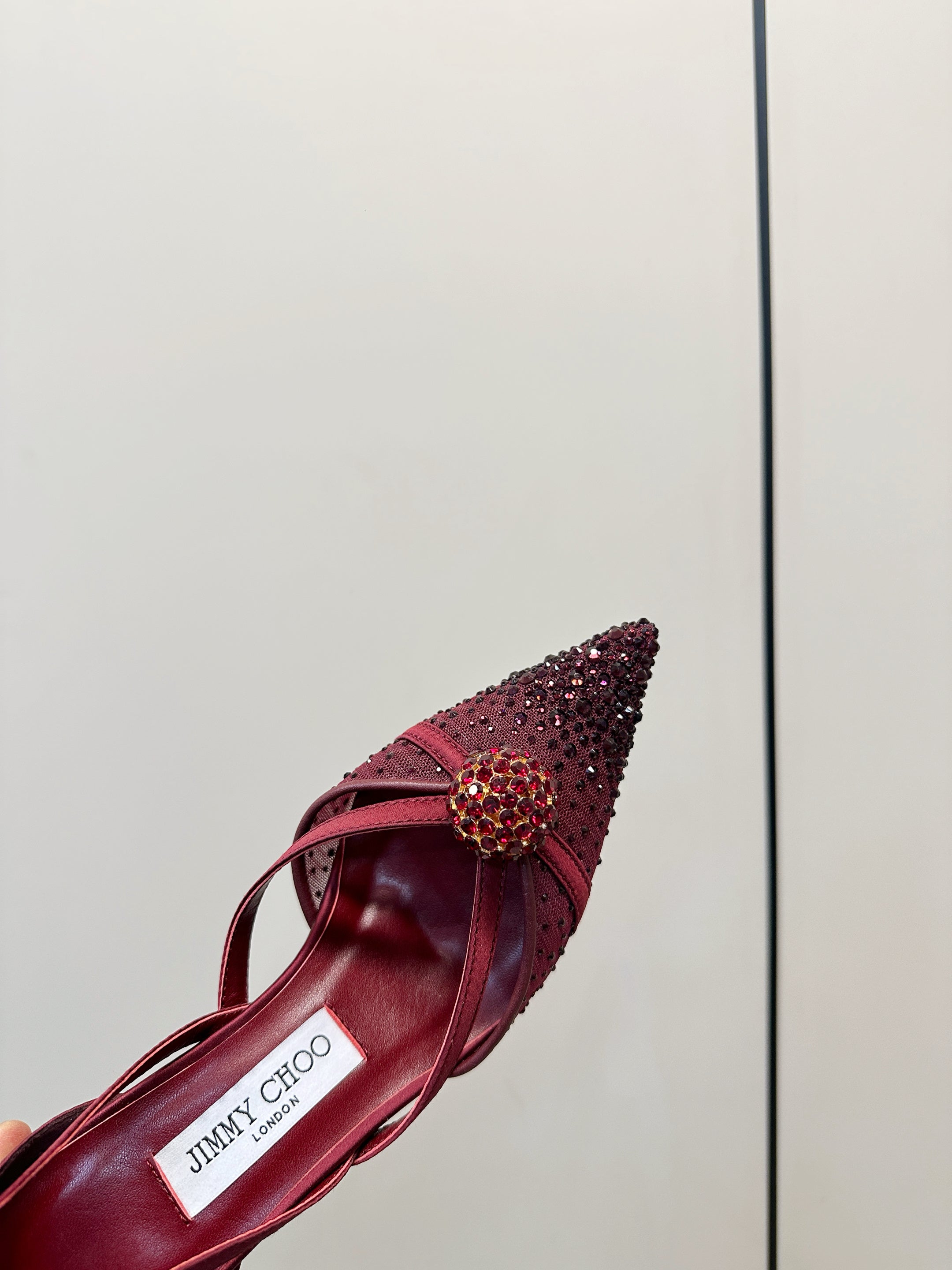 JIMMY CHOO 26S POINTED-TOE HIGH HEELS IN DARK RED CRYSTAL EMBELLISHMENT