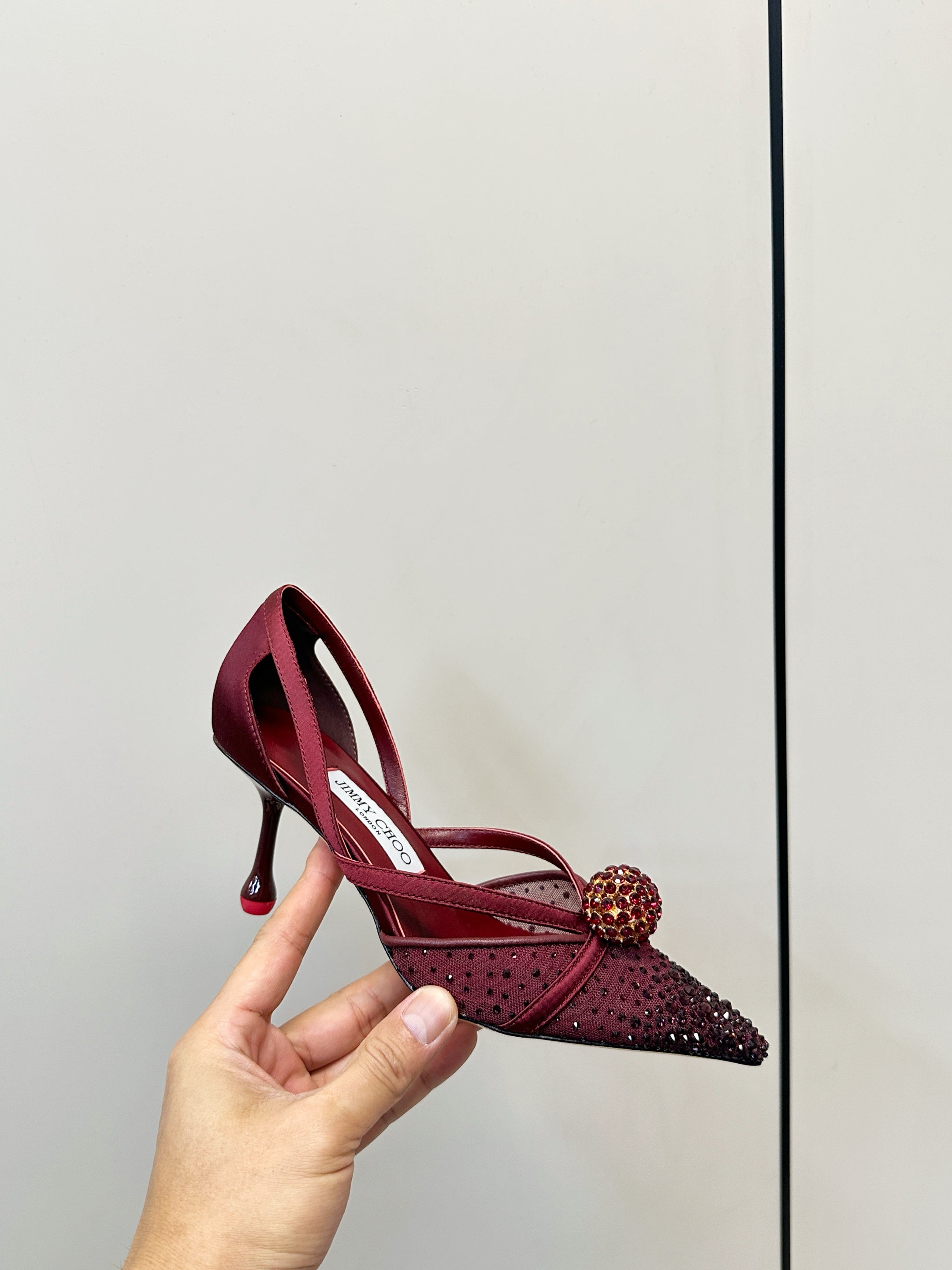 JIMMY CHOO 26S POINTED-TOE HIGH HEELS IN DARK RED CRYSTAL EMBELLISHMENT