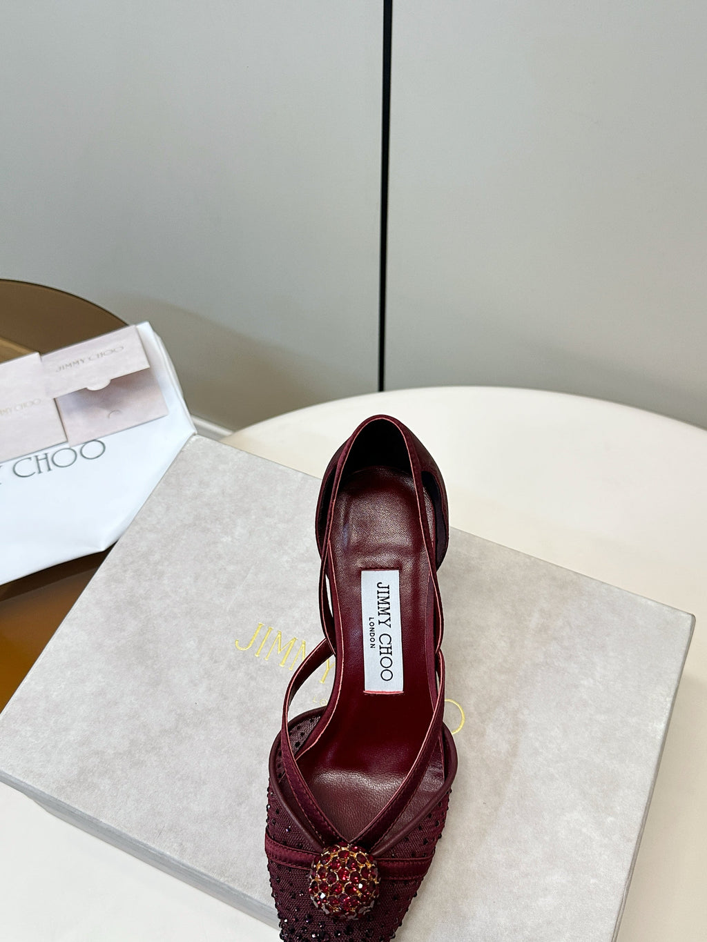 JIMMY CHOO 26S POINTED-TOE HIGH HEELS IN DARK RED CRYSTAL EMBELLISHMENT