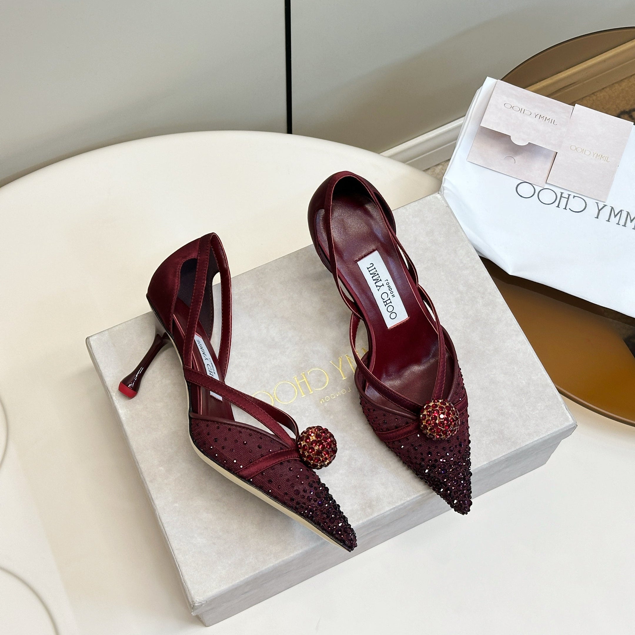 JIMMY CHOO 26S POINTED-TOE HIGH HEELS IN DARK RED CRYSTAL EMBELLISHMENT