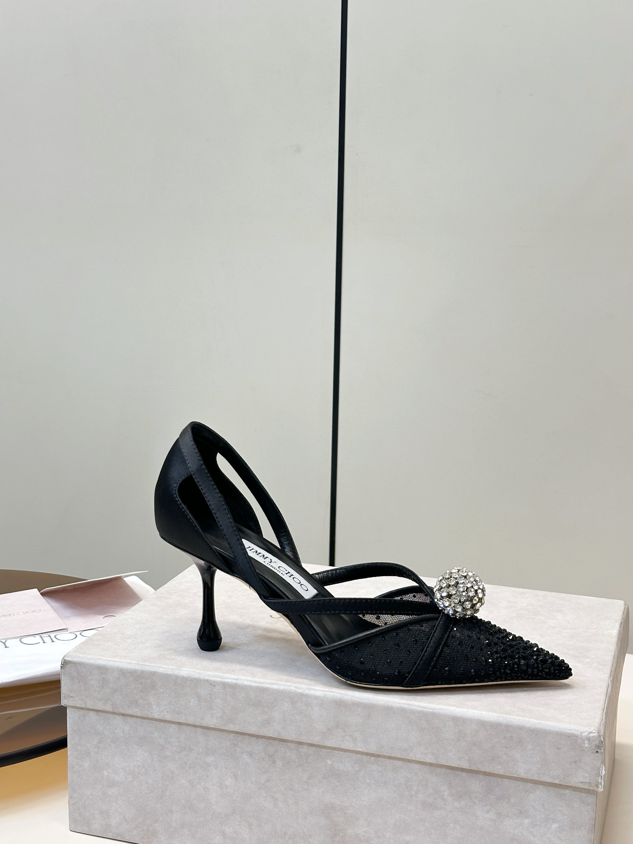 JIMMY CHOO 26S POINTED-TOE HIGH HEELS IN BLACK CRYSTAL EMBELLISHMENT