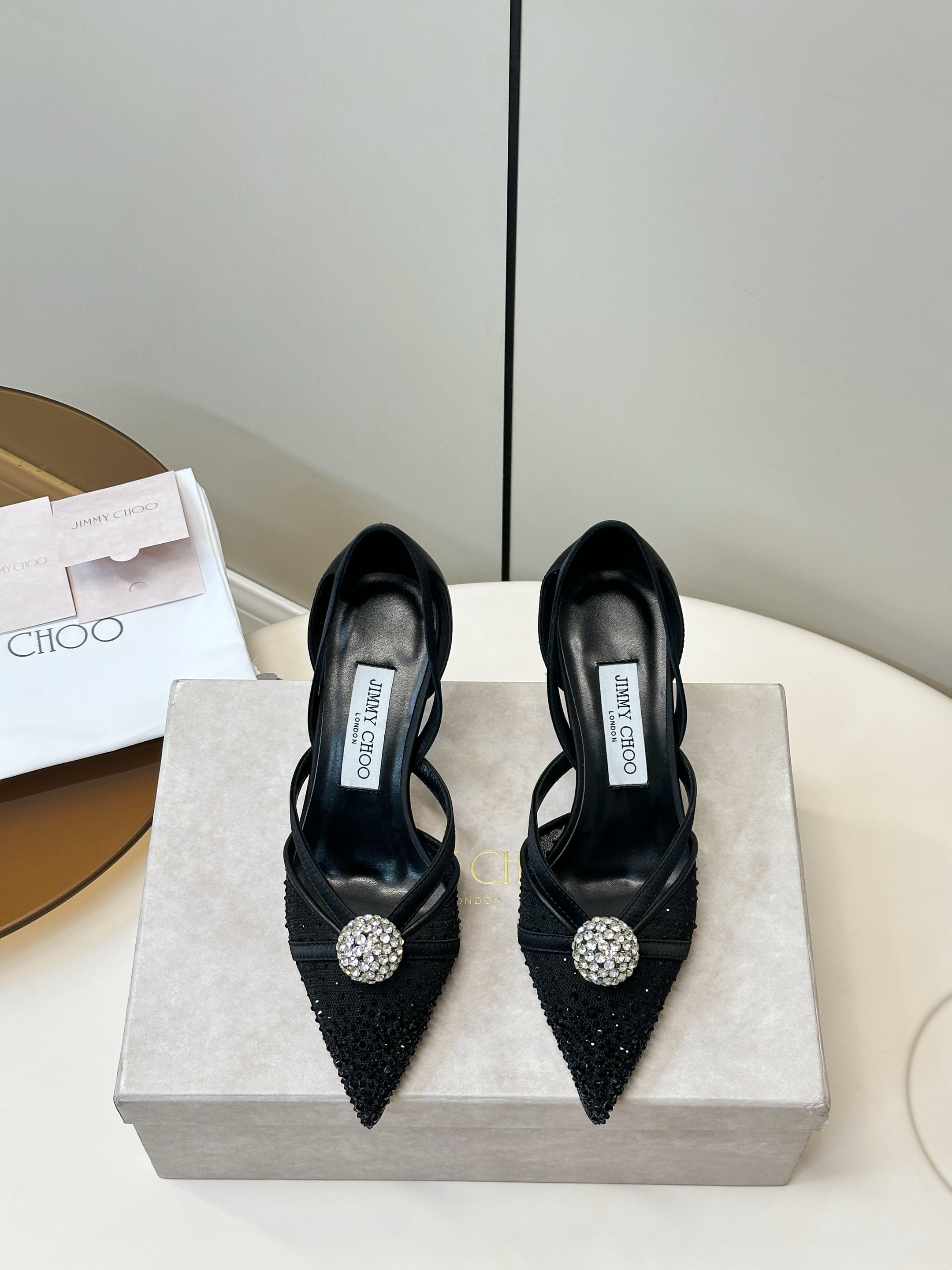 JIMMY CHOO 26S POINTED-TOE HIGH HEELS IN BLACK CRYSTAL EMBELLISHMENT