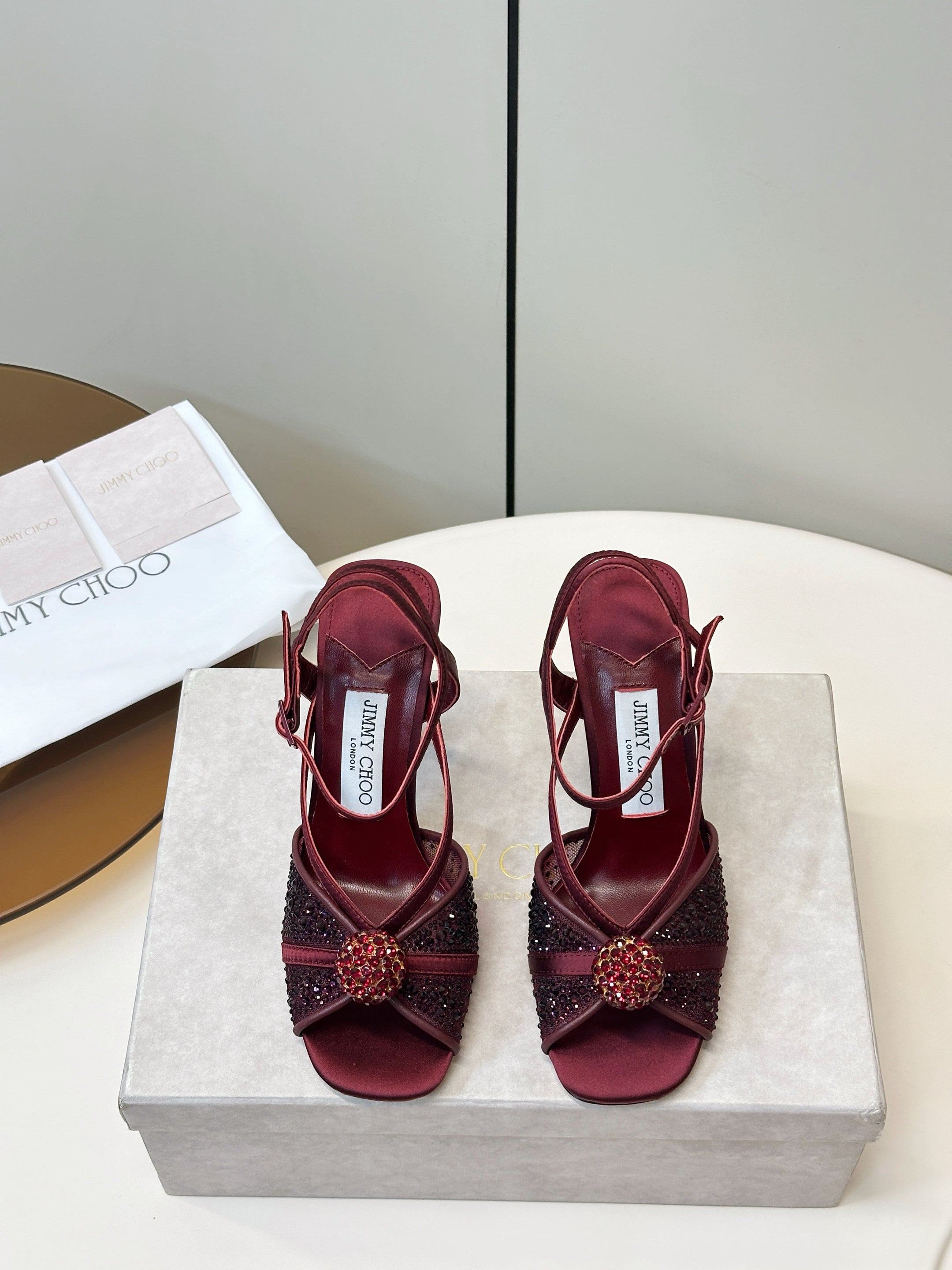 JIMMY CHOO 26S  HEELED SANDALS 100 MM IN DARK RED CRYSTAL EMBELLISHMENT