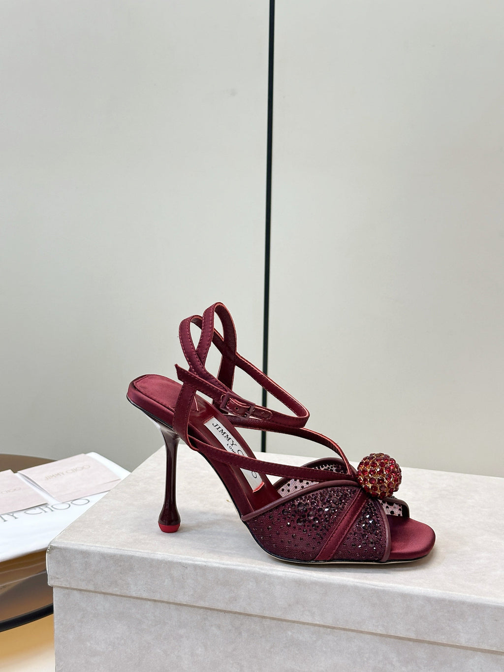JIMMY CHOO 26S  HEELED SANDALS 100 MM IN DARK RED CRYSTAL EMBELLISHMENT