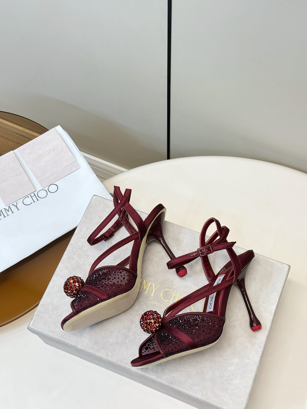 JIMMY CHOO 26S  HEELED SANDALS 100 MM IN DARK RED CRYSTAL EMBELLISHMENT