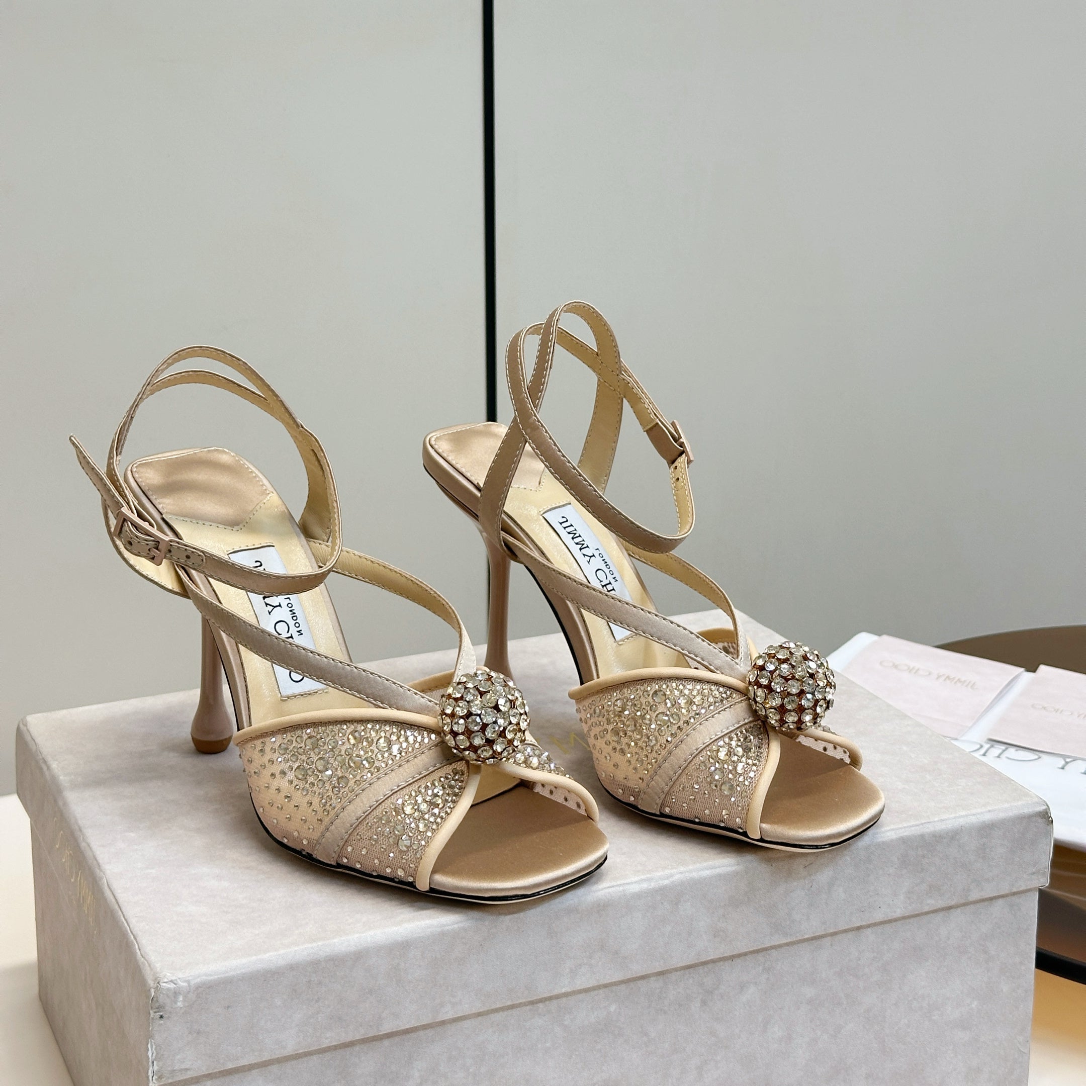JIMMY CHOO 26S HEELED SANDALS 100 MM IN BEIGE CRYSTAL EMBELLISHMENT