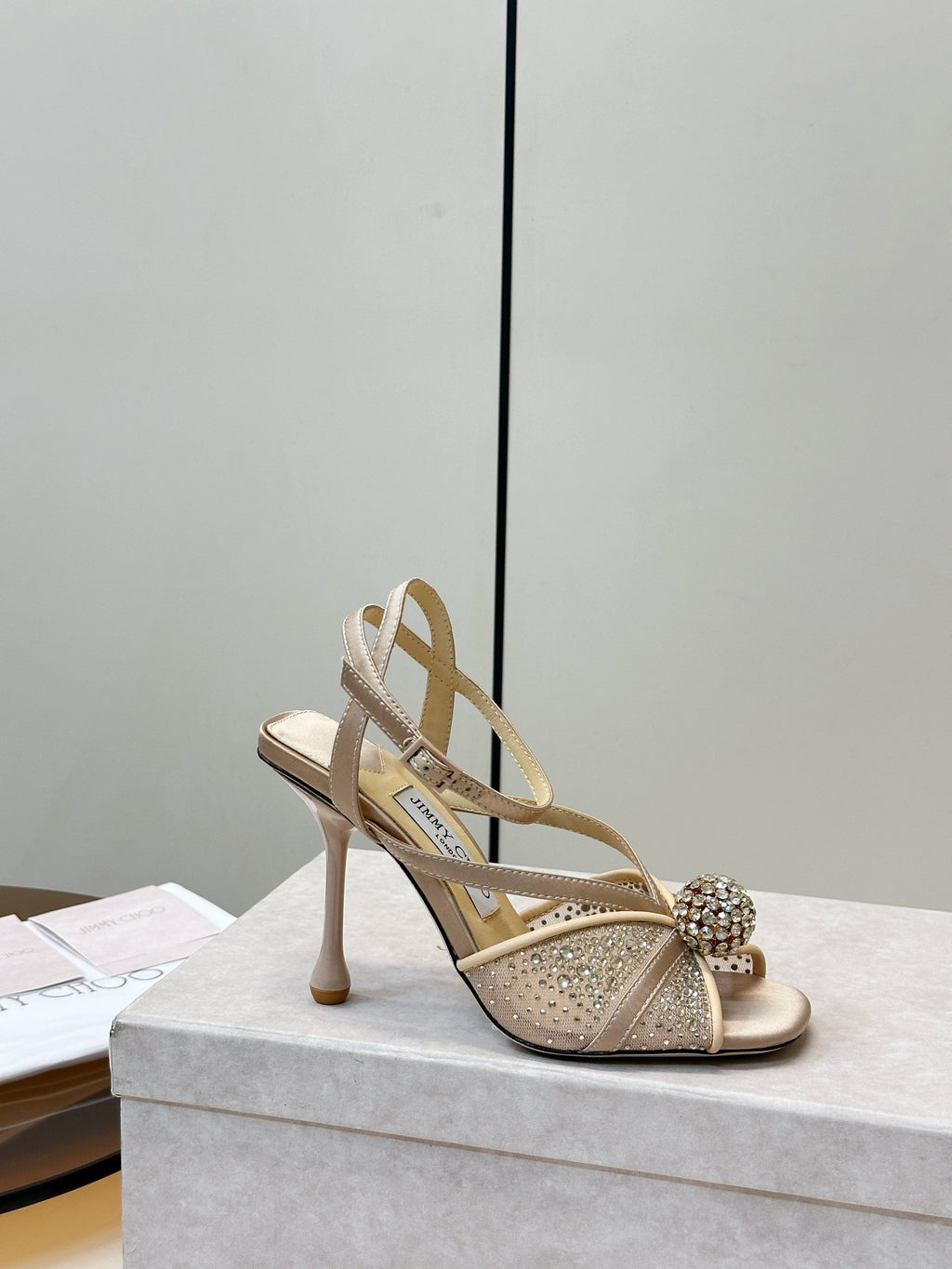JIMMY CHOO 26S HEELED SANDALS 100 MM IN BEIGE CRYSTAL EMBELLISHMENT
