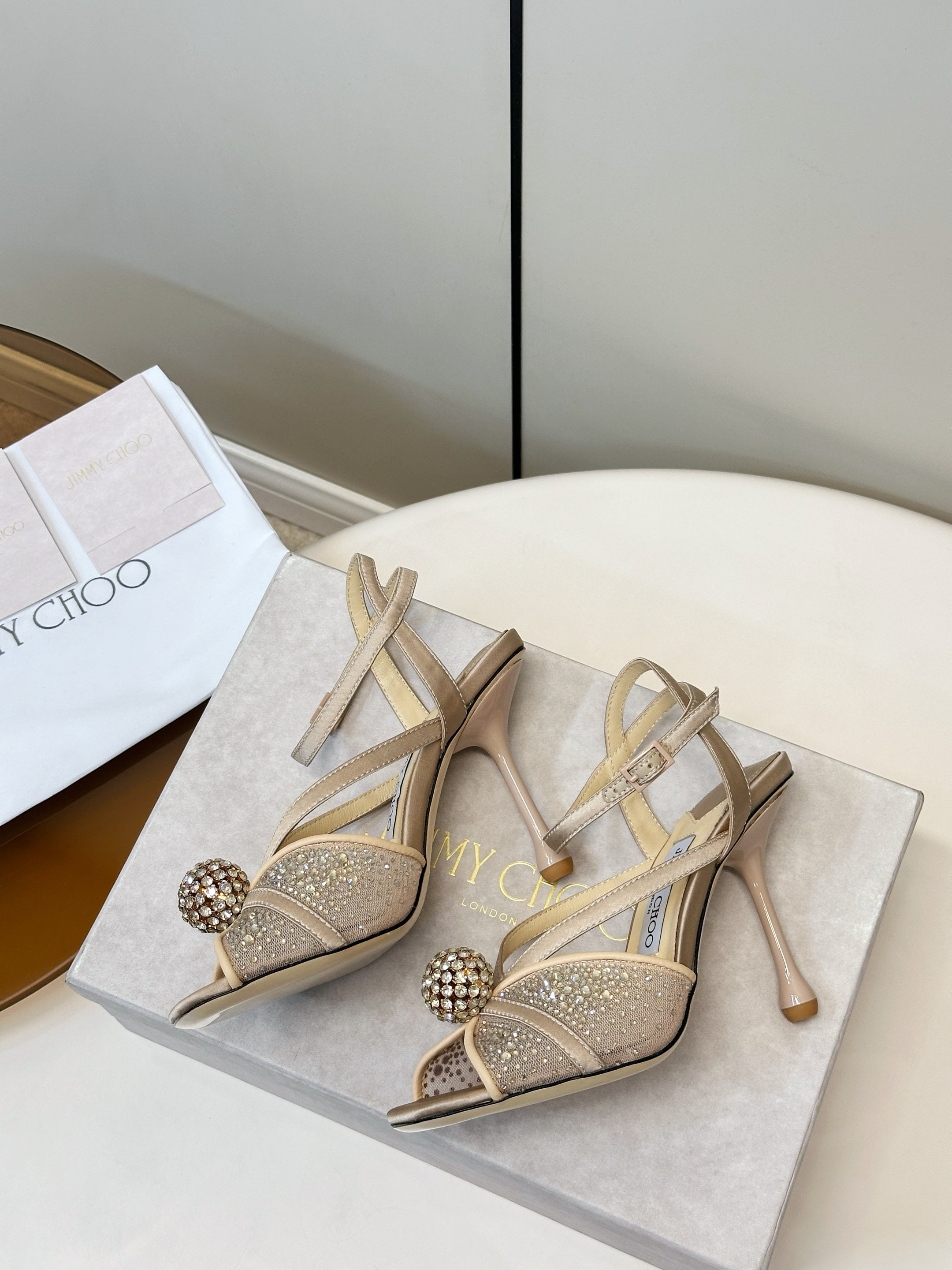 JIMMY CHOO 26S HEELED SANDALS 100 MM IN BEIGE CRYSTAL EMBELLISHMENT