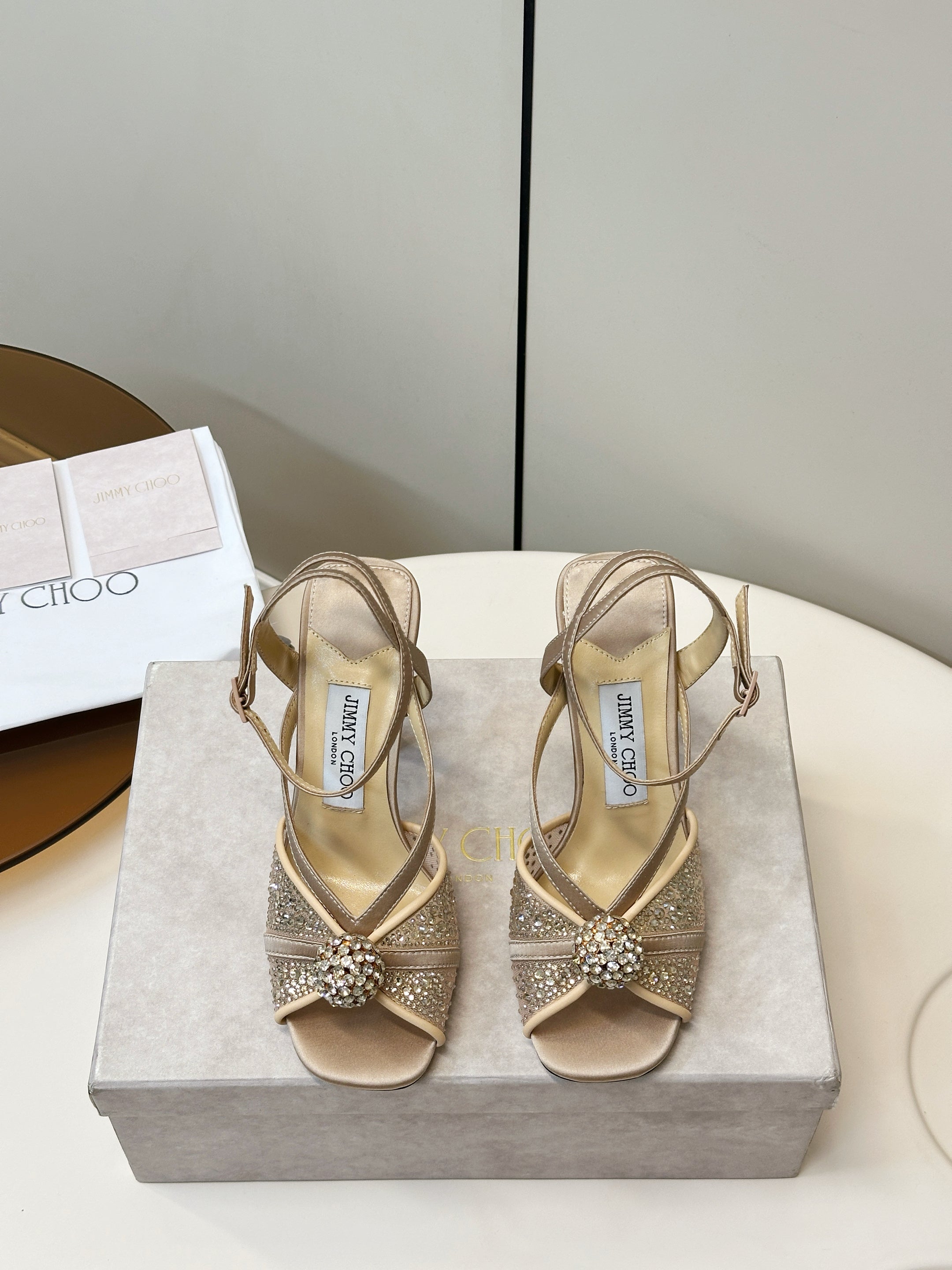 JIMMY CHOO 26S HEELED SANDALS 100 MM IN BEIGE CRYSTAL EMBELLISHMENT
