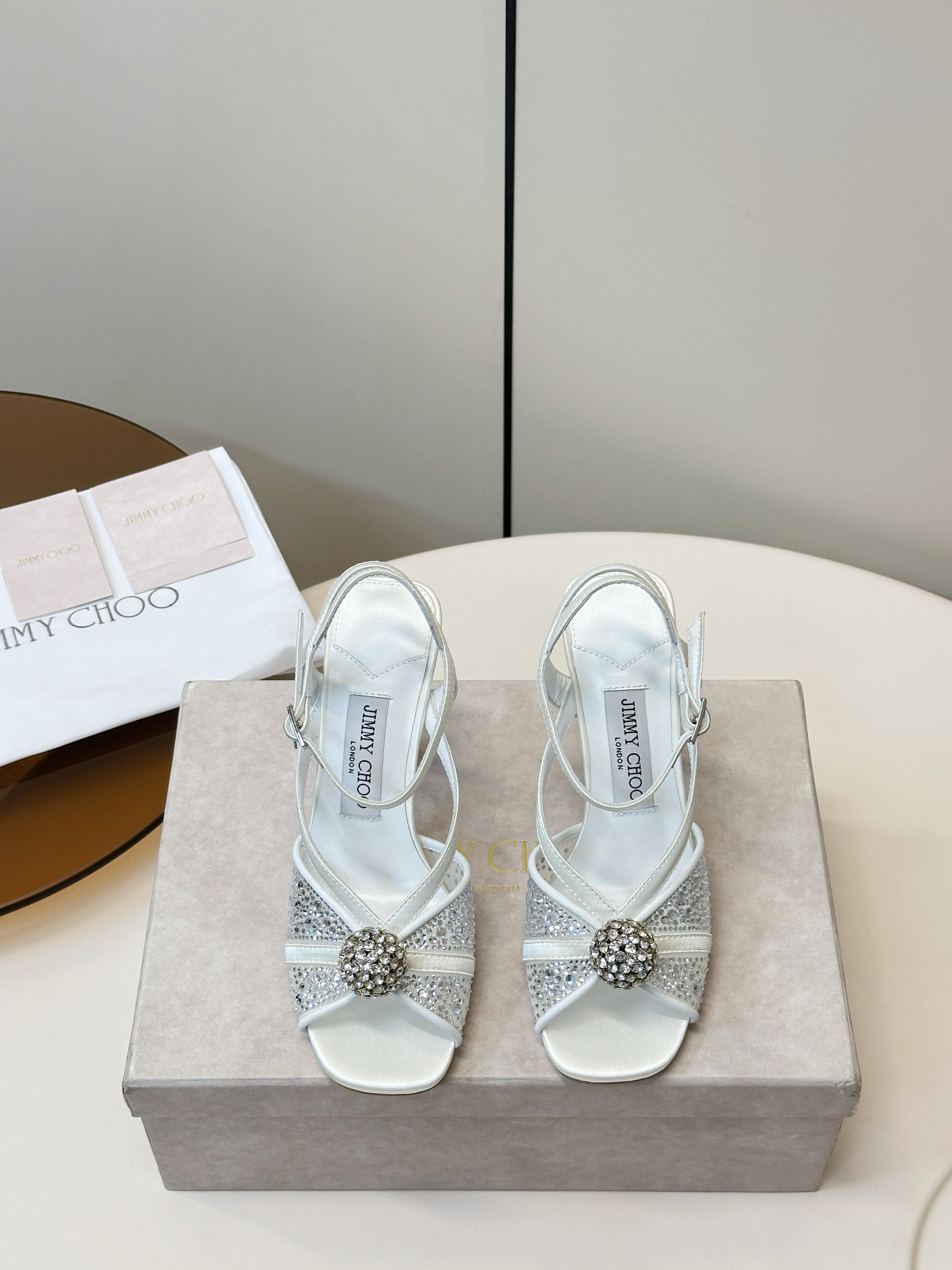 JIMMY CHOO 26S HEELED SANDALS 100 MM IN WHITE CRYSTAL EMBELLISHMENT