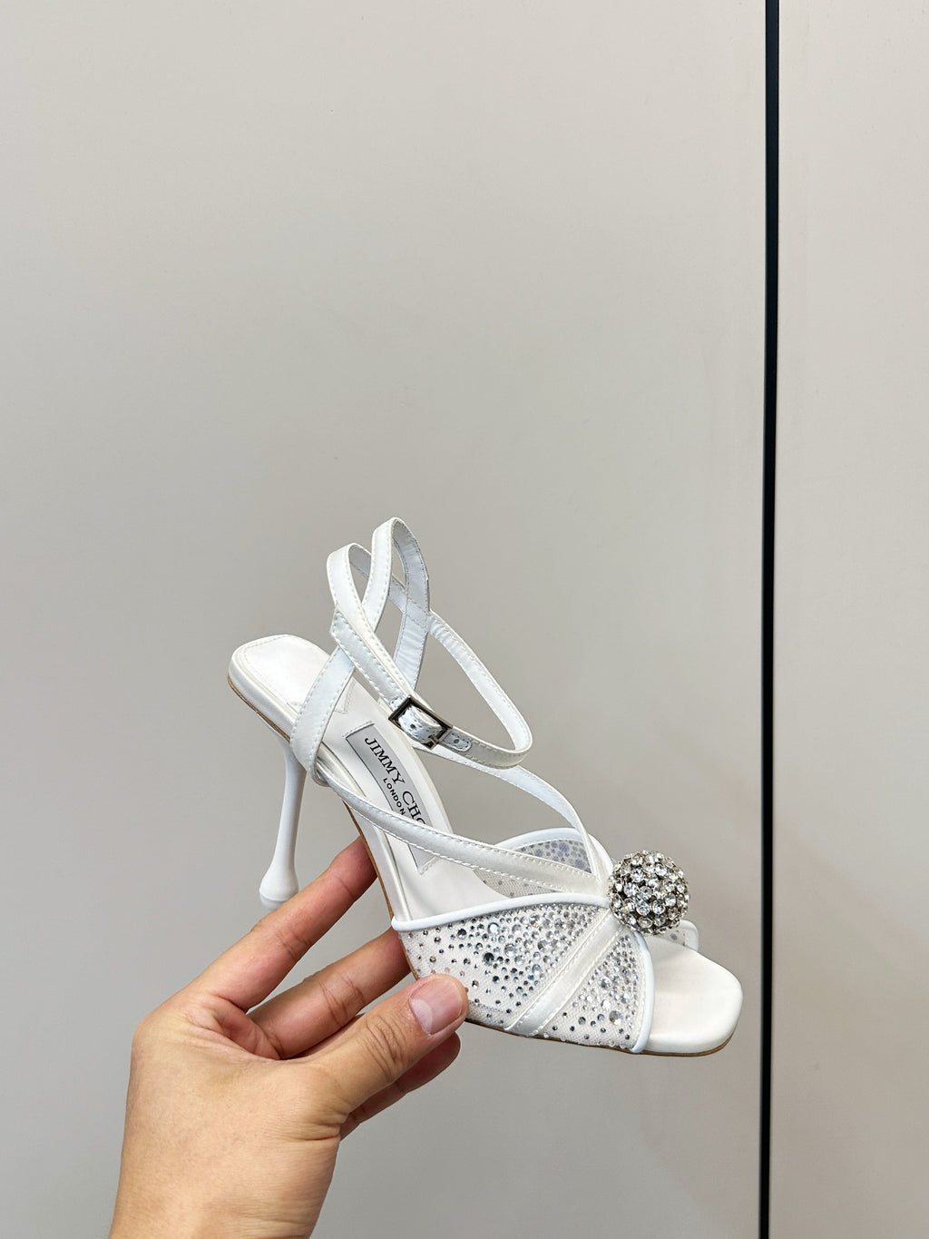 JIMMY CHOO 26S HEELED SANDALS 100 MM IN WHITE CRYSTAL EMBELLISHMENT