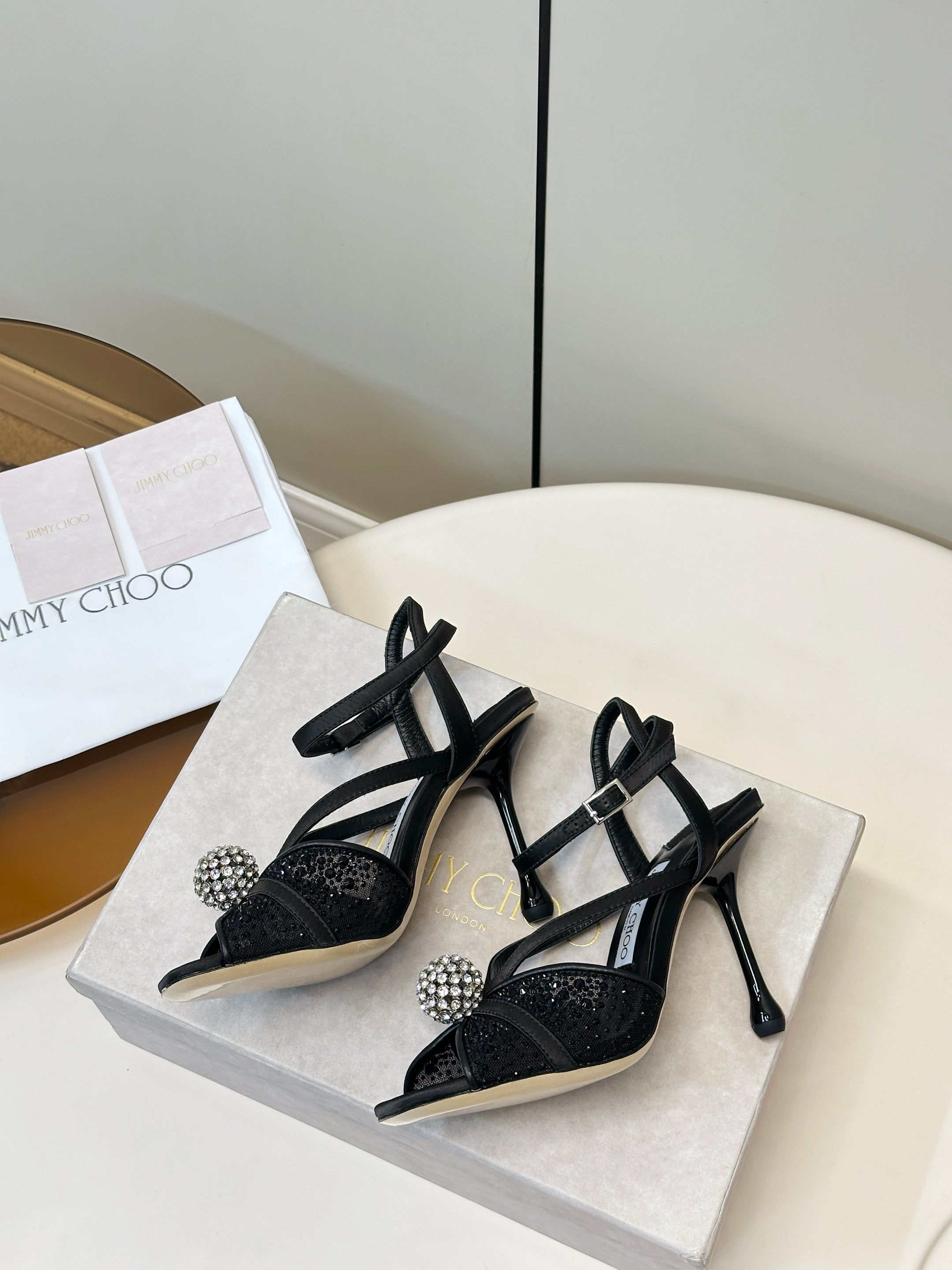 JIMMY CHOO 26S HEELED SANDALS 100 MM IN BLACK CRYSTAL EMBELLISHMENT
