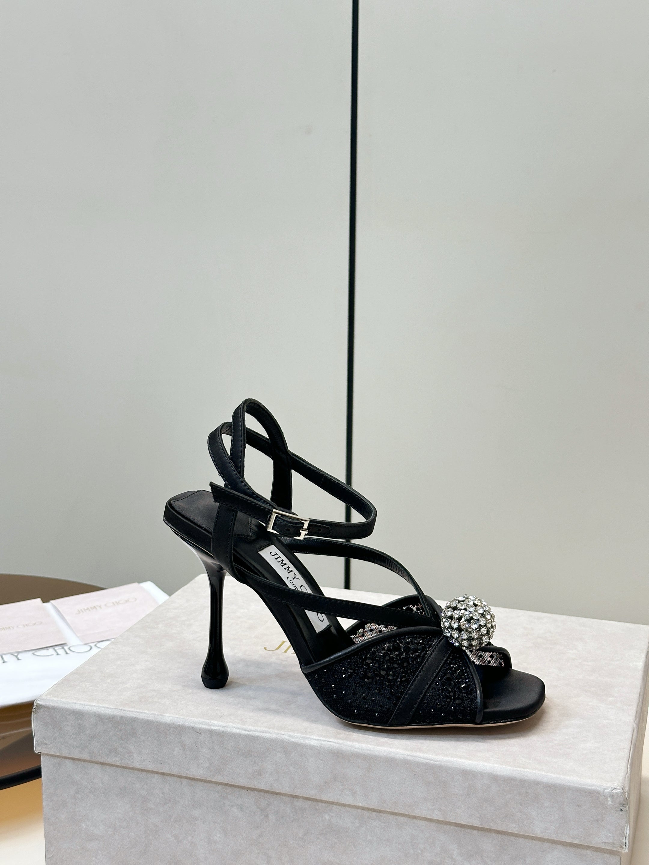 JIMMY CHOO 26S HEELED SANDALS 100 MM IN BLACK CRYSTAL EMBELLISHMENT