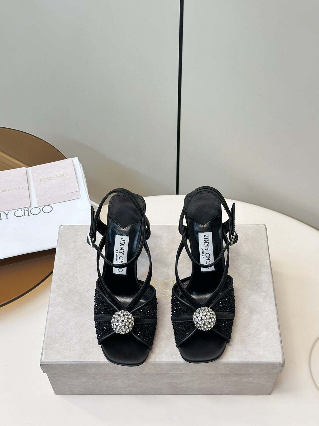 JIMMY CHOO 26S HEELED SANDALS 100 MM IN BLACK CRYSTAL EMBELLISHMENT