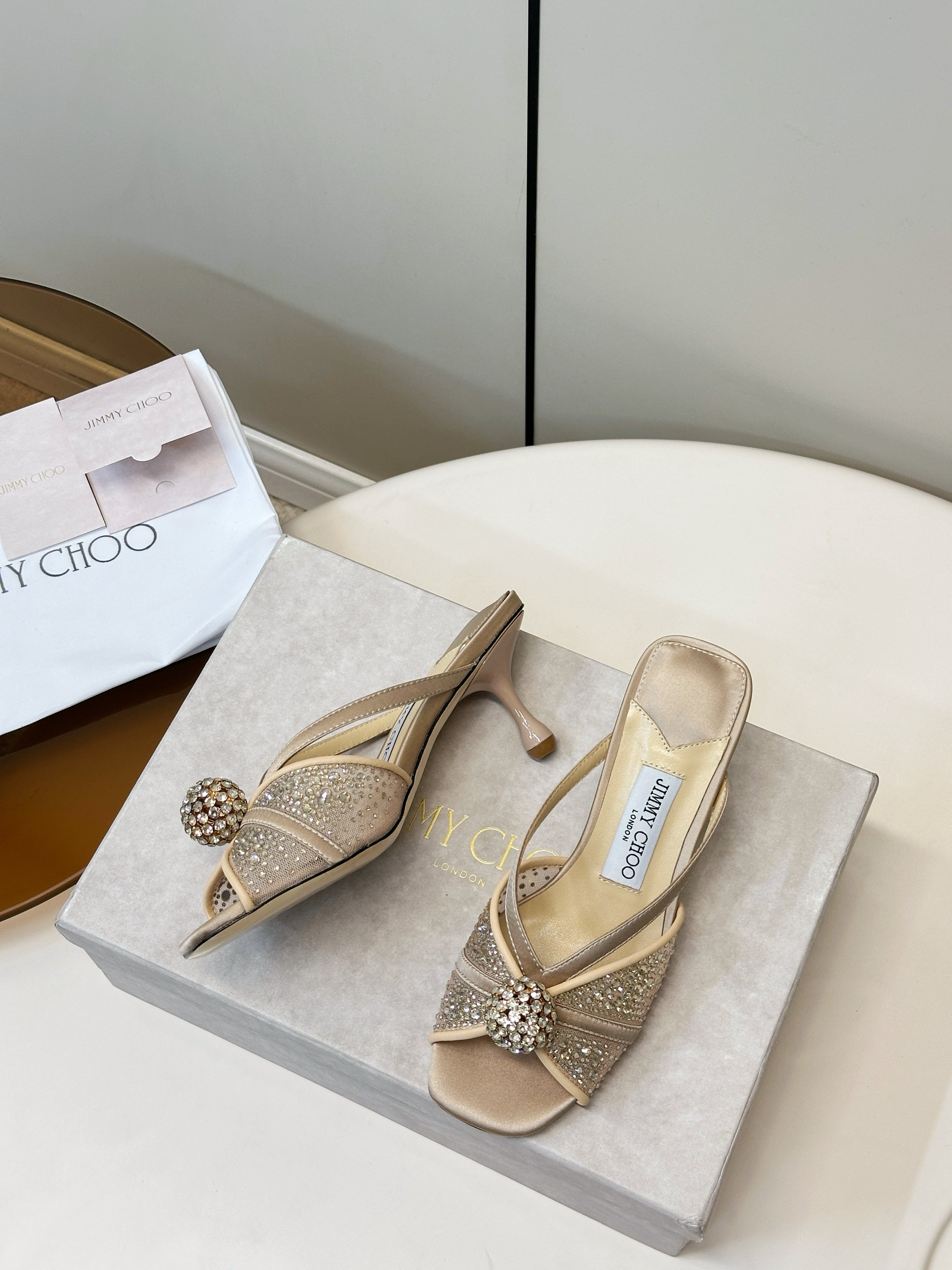 JIMMY CHOO 26S SACORA MULE 80 MM IN BEIGE CRYSTAL EMBELLISHMENT