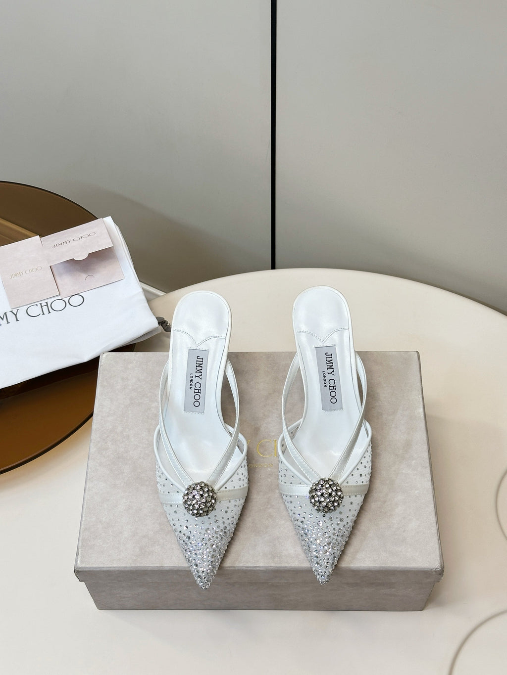 JIMMY CHOO 26S HEELED MULES 80 MM IN WHITE CRYSTAL EMBELLISHMENT