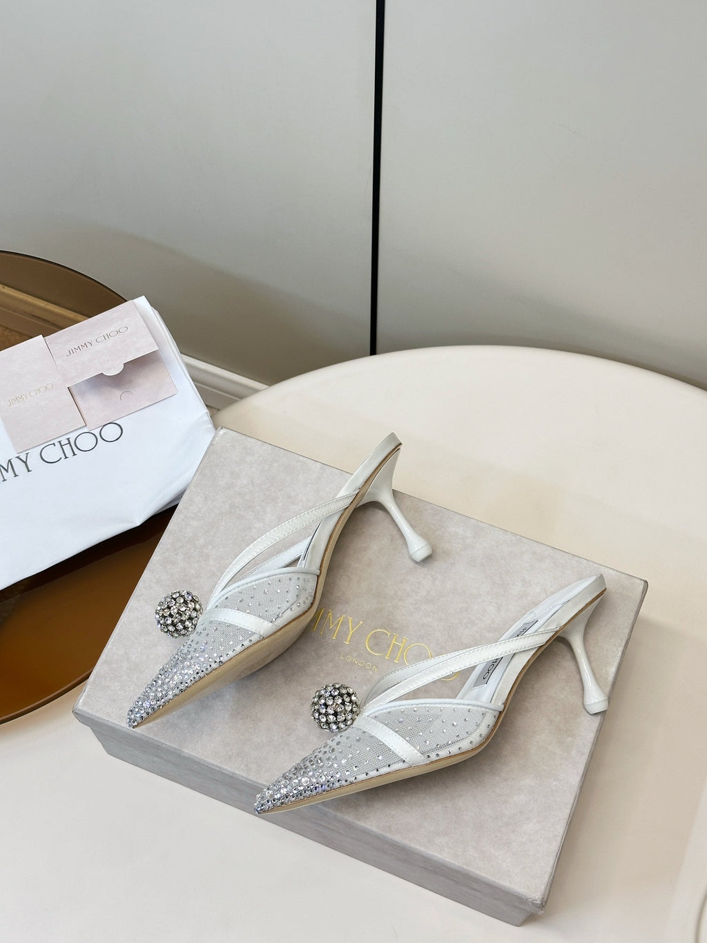 JIMMY CHOO 26S HEELED MULES 80 MM IN WHITE CRYSTAL EMBELLISHMENT