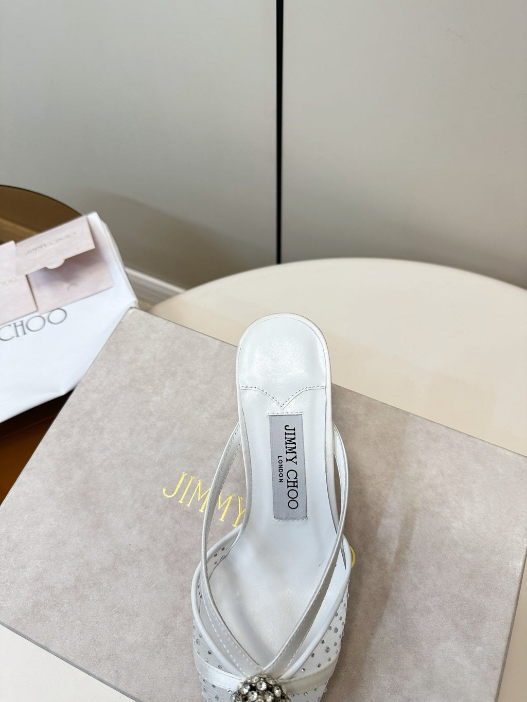 JIMMY CHOO 26S HEELED MULES 80 MM IN WHITE CRYSTAL EMBELLISHMENT