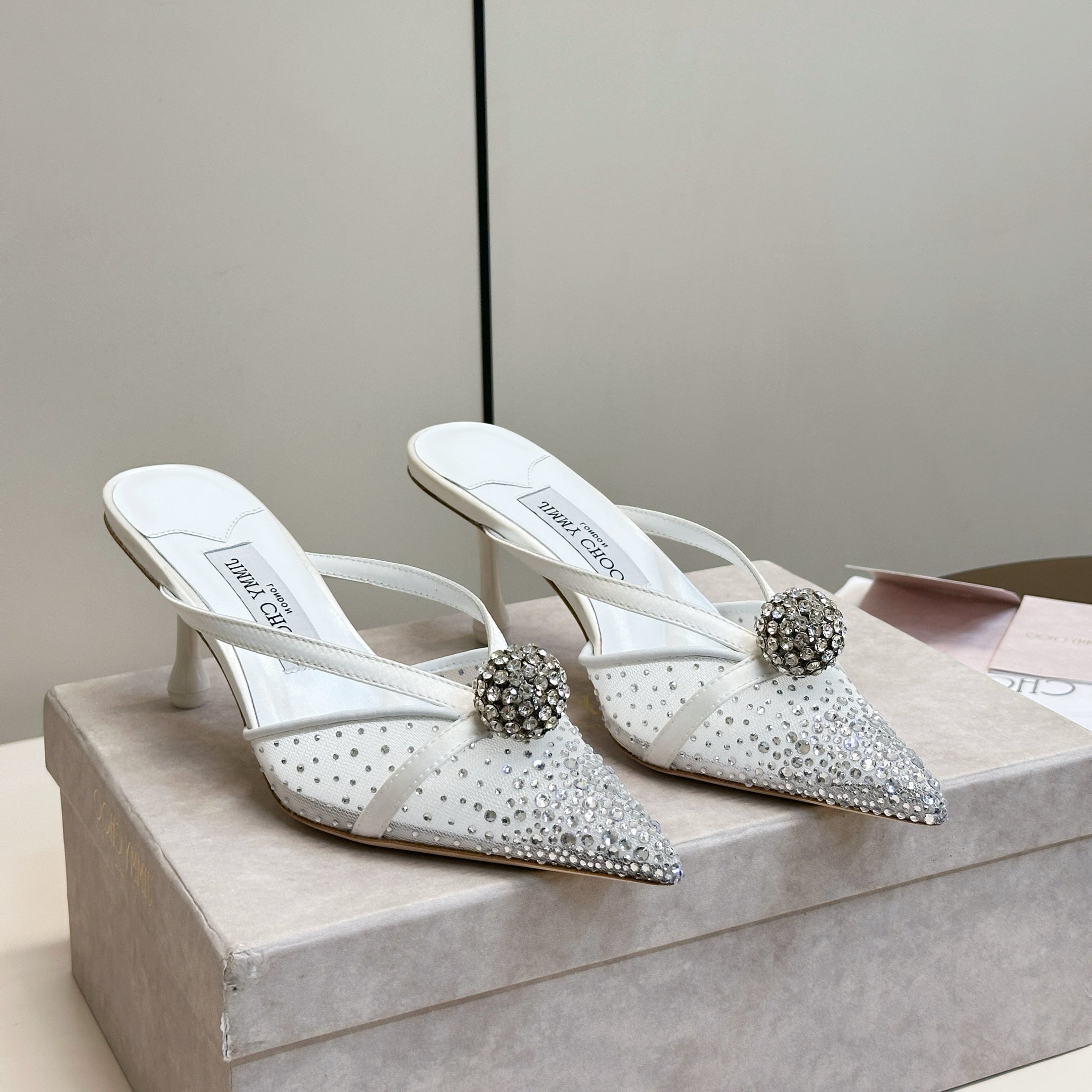JIMMY CHOO 26S HEELED MULES 80 MM IN WHITE CRYSTAL EMBELLISHMENT