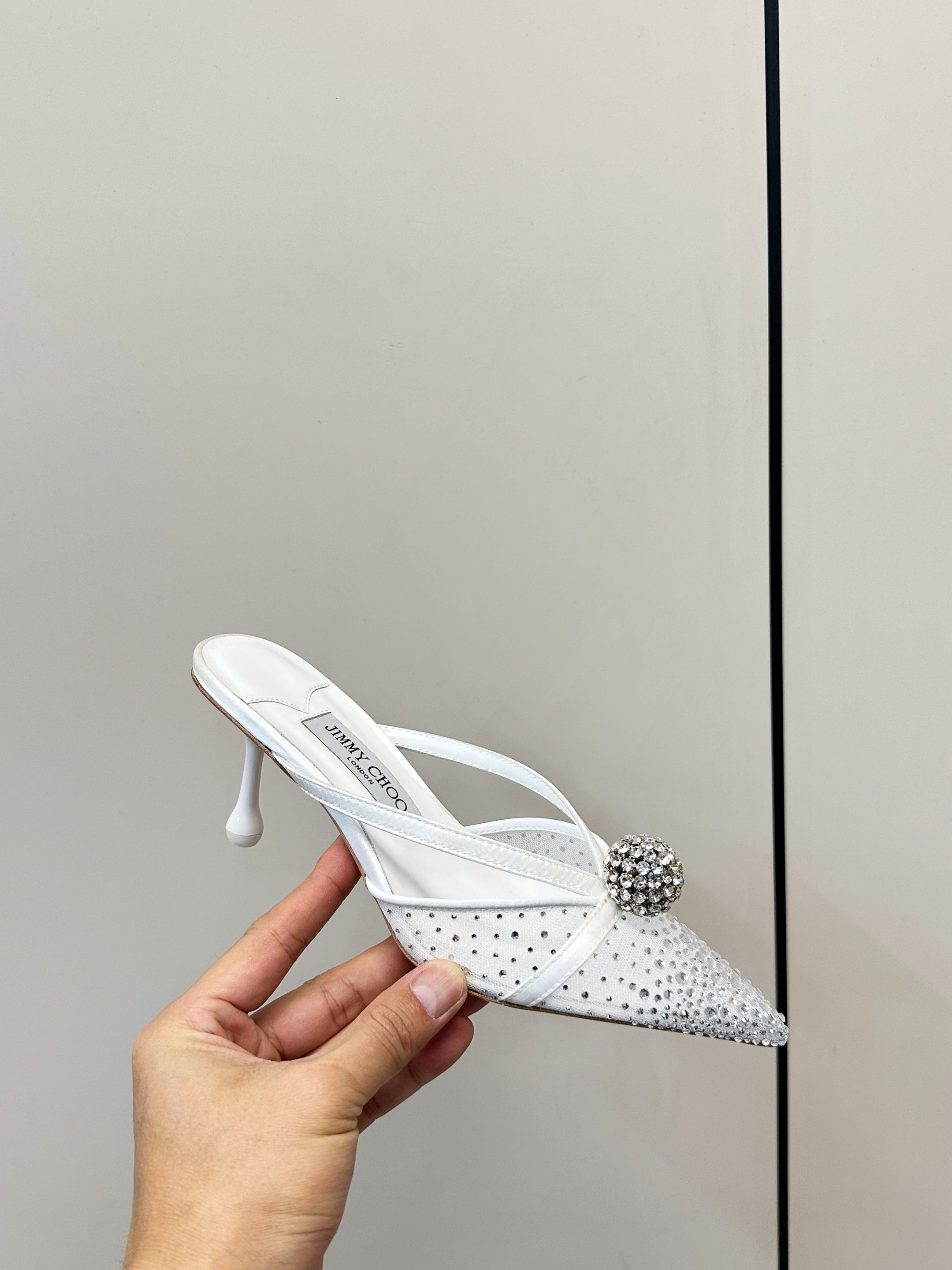 JIMMY CHOO 26S HEELED MULES 80 MM IN WHITE CRYSTAL EMBELLISHMENT